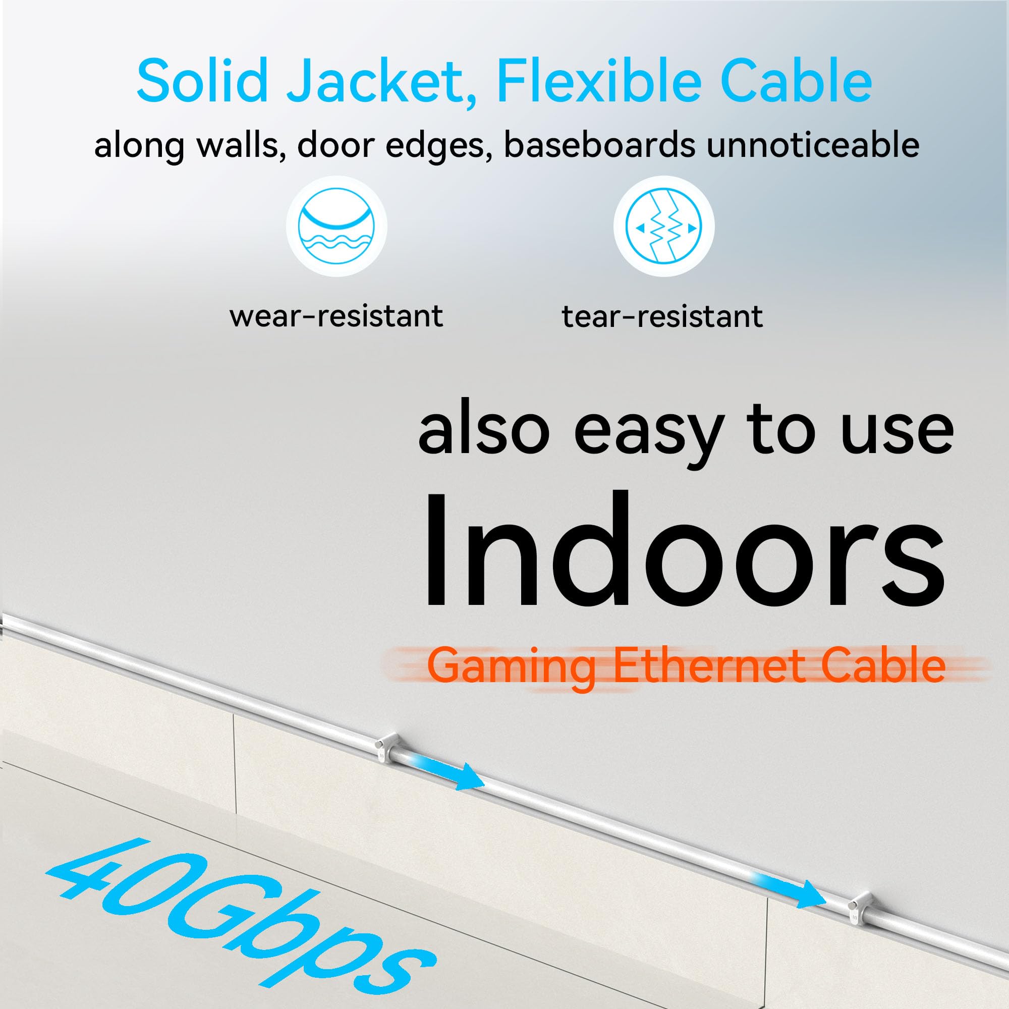 Sokqovt Cable Ethernet Cat 8 delgado de 200 pies para exteriores, cable de Internet Cat8 de cobre puro para enterramiento directo y impermeable, cable Ethernet Cat8 flexible 10G 550MHZ, cable de red