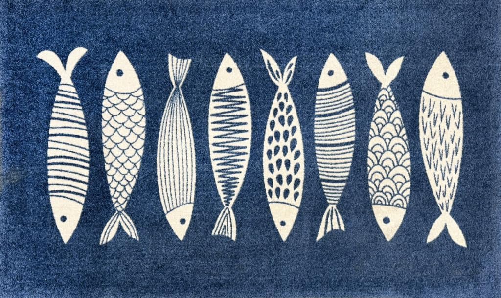 Wash+Dry Fish Tango One-Piece Washable Rug with Rubber Backing, Large Door Mat for Entryway, Kitchen, Bathroom, Non-Slip Indoor Doormat, White and Navy Blue Fish Design, 27.5" x 47"