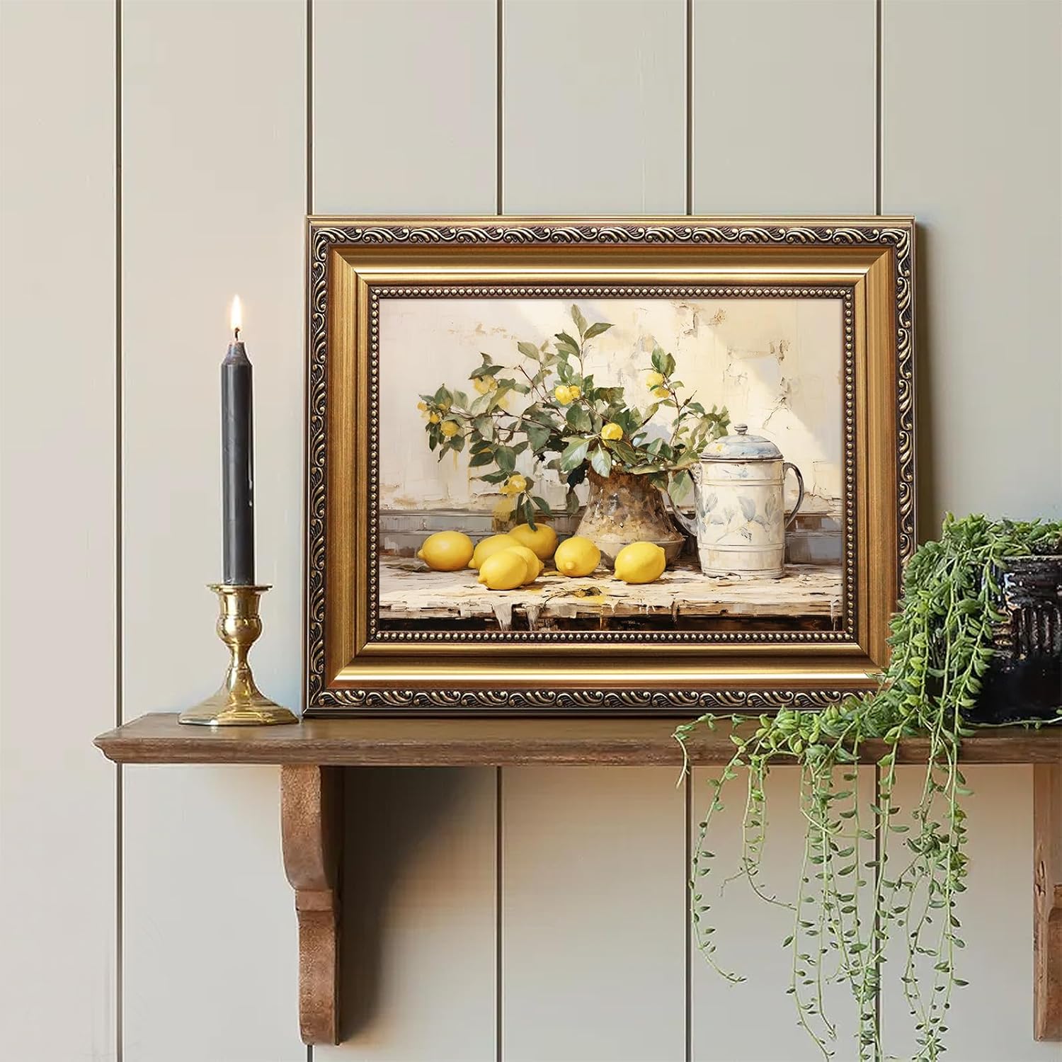 Vintage Lemon Fruit Framed Wall Art Vintage Gold Framed Wall Decor, Kitchen Wall Decor Vin tage Lemon Wall Art, Farmhouse Still Life Decor for Kitchen or Dining Room - 9x12 Inch