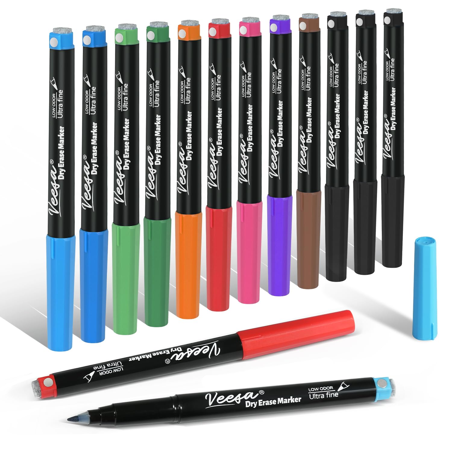 VEESA Whiteboard-Marker, trocken abwischbar, ultrafeine Spitze, 0,7 mm, magnetische Whiteboard-Marker mit Radiergummis, verschiedene Farben, geruchsarm, 12 Stück, Klassenzimmer- und Bürobedarf