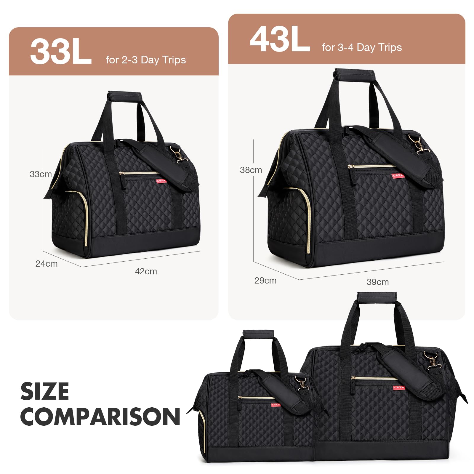 Lekesky Borsa da viaggio donna 33L, Nero trapuntato, 45L