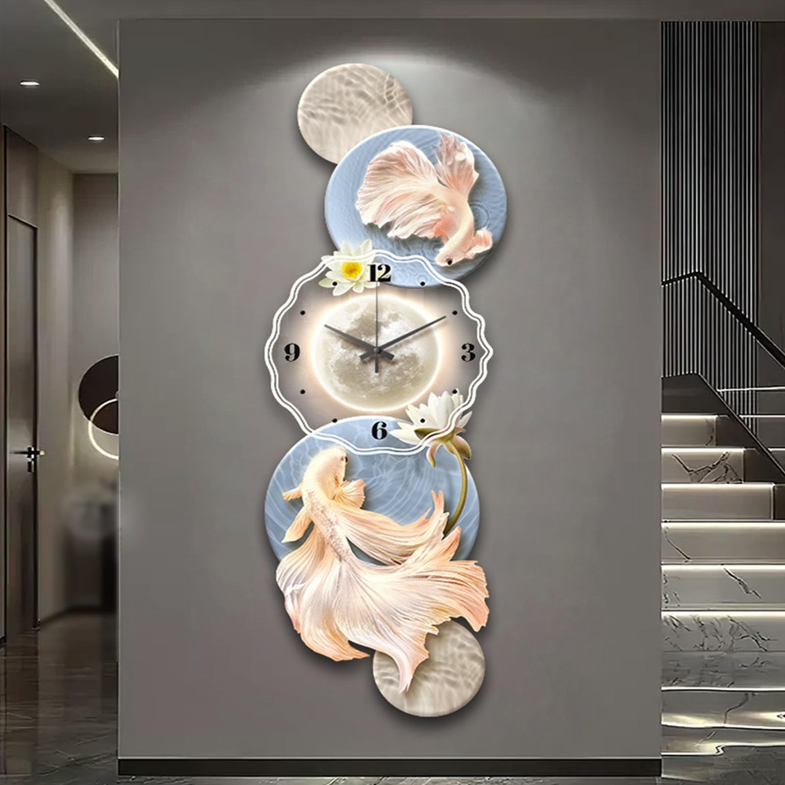 Reloj cocina Arte de la pared Relojes colgantes Luna Pez Lámpara Escultura