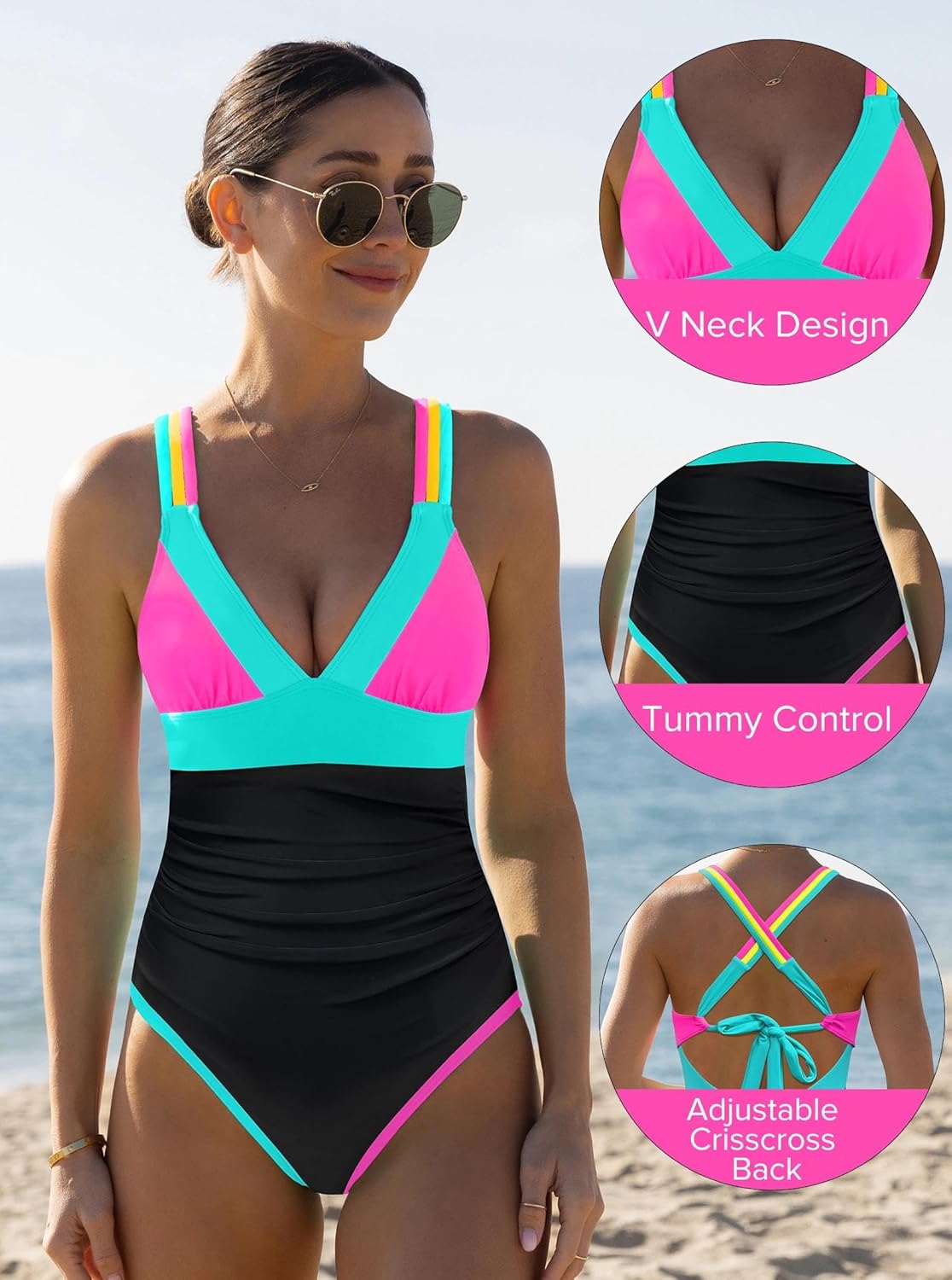 popvil Women One Piece Swimsuit 2026 Tummy Control Bathing Suit Neon Swimwear with Criss Cross Back - Image 4