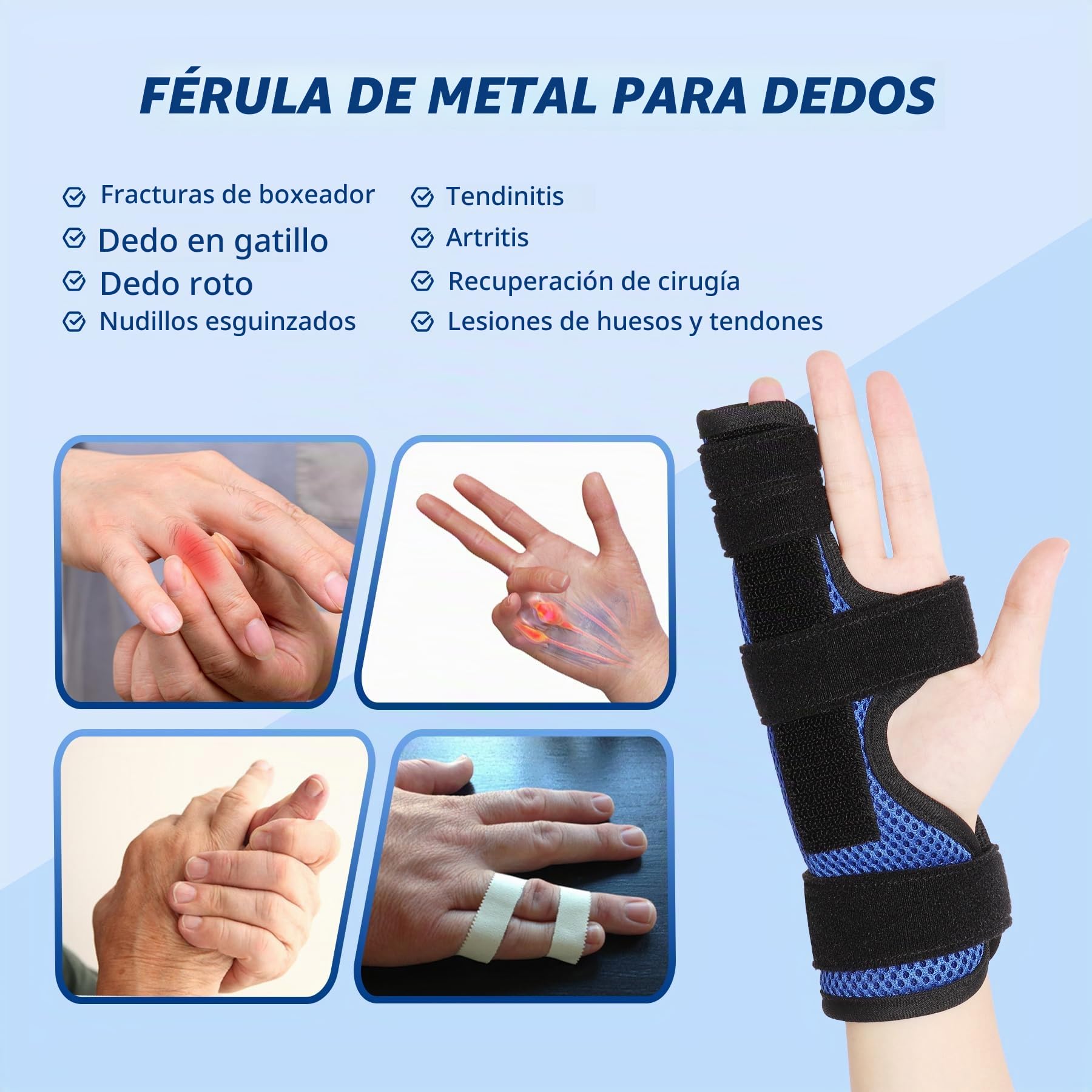ferula dedo meñique mano derecha y izquierda, férula dedo pequeño para fracturas del 4º o 5º metacarpiano, dedo roto, fractura de boxeador, dedo gatillo, artritis, lesionado, L