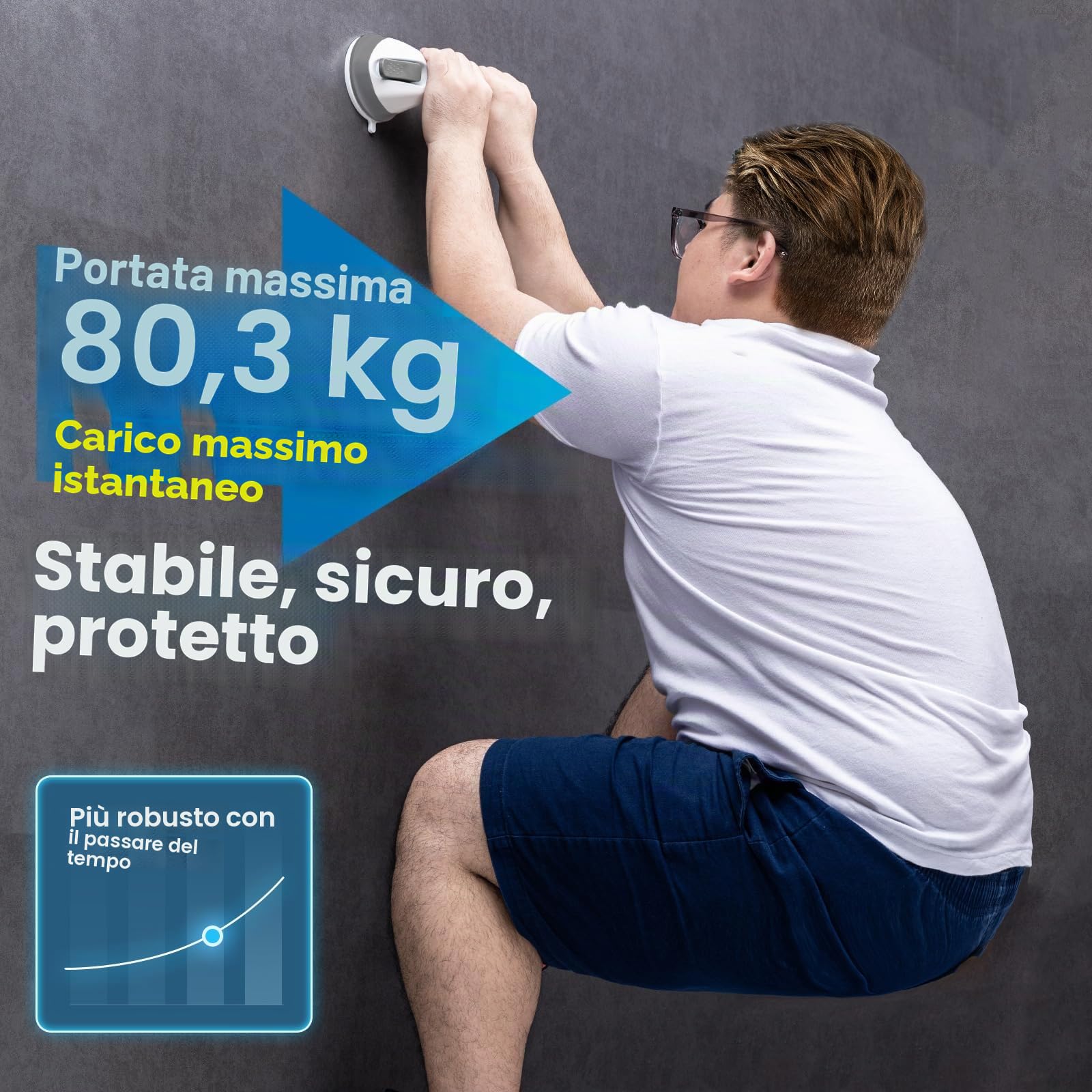 LEVERLOC Maniglie Doccia per Bagno 31 CM, MAX 110 KG Maniglione a Ventosa, Impugnatura di Sicurezza per Anziani, Disabili, Resistente, Senza Foratura e Corrimano Rimovibile Handy Grasp Pro, Grigio