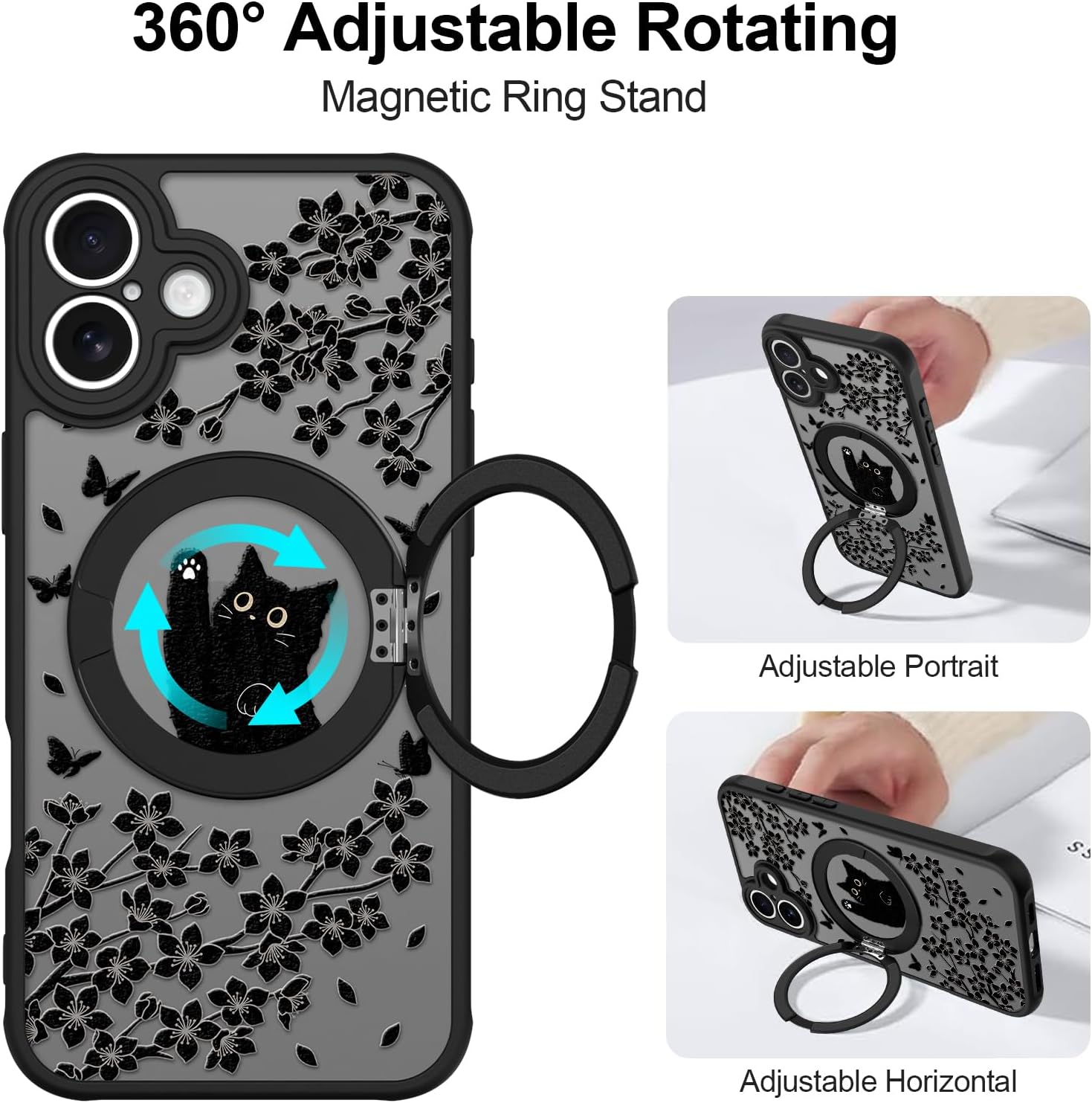 Cute Case for iPhone 16 Case with Stand [ Compatible with MagSafe ] Kawaii Black Cat & Floral & Butterflies Pattern Design 360 Magnetic Ring Kickstand Phone Cover for Women Girls Boys