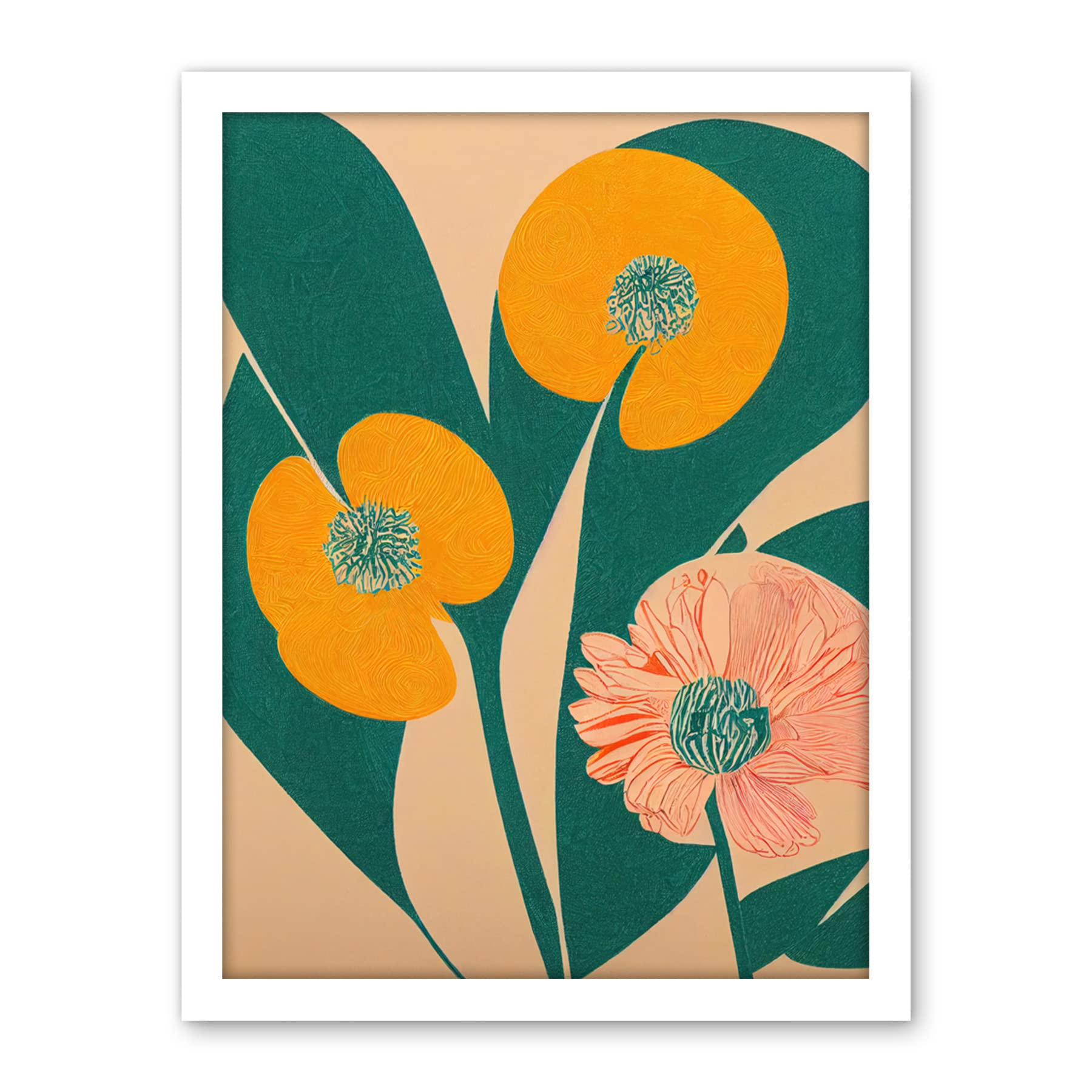 Wee Blue Coo California Poppy Flower Blooms Turquoise Leaves Bright Artwork Framed Wall Art Print 18X24 Inch