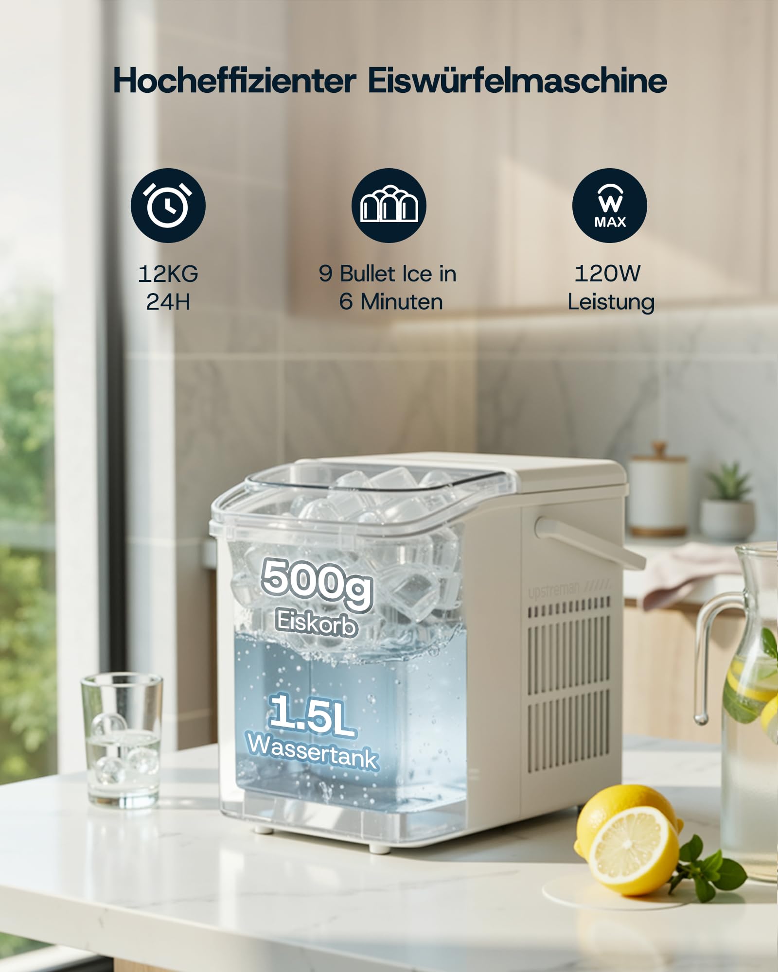 Upstreman Kleine Eiswürfelmaschine mit Selbstreinigung, 12kg / Tag, 9 Würfel in 6-8 Min, 2 Eisgrößen Wählbar, Leise & Tragbar, Ice Cube Maker für Zuhause, Küche, Büro, Bar und Party, BI12-Weiß