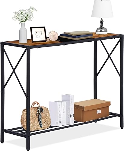 ZenStyle Mesa de consola, mesa industrial para sofá con 2 estantes de almacenamiento y marco de metal, mesa de sofá estrecha para entrada, pasillo,