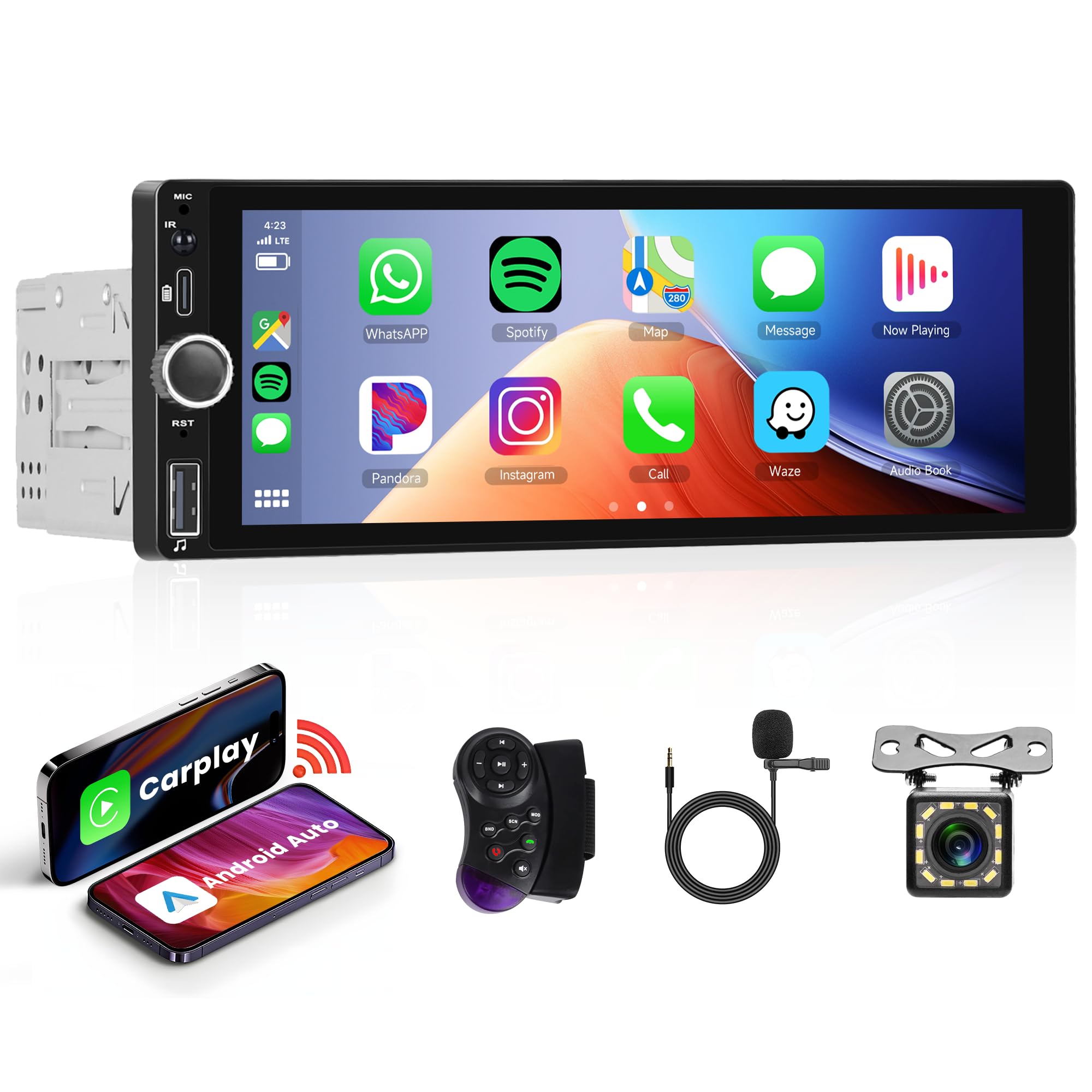 Single Din Touchscreen Car Stereo Wireless Carplay Android Auto, 6.86 inch Car Radio with Bluetooth 5.0 Mirror Link FM/EQ USB/AUX/TF/SWC/MIC Car Audio Receiver with Backup Camera