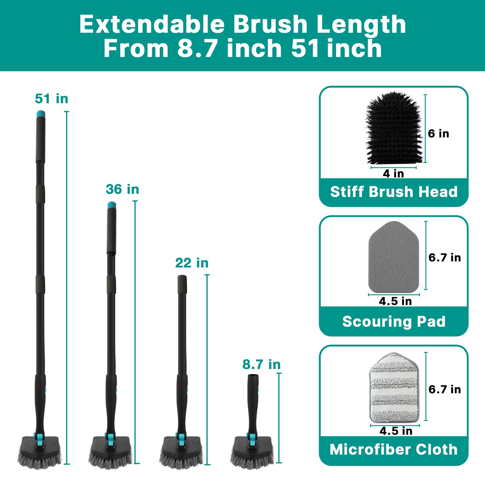 Brosse Salle De Bain 3 En 1 YVVV - Manche 130 Cm, Têtes Dure, Microfibre Et Éponge Pour Douche Et Carrelage