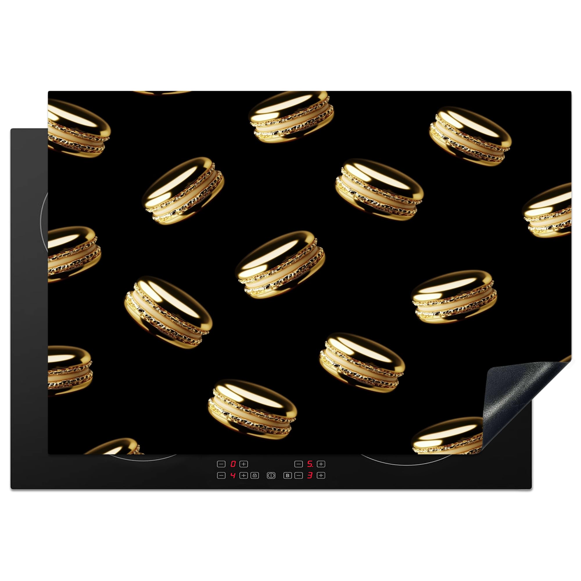 KitchenYeah© Induction Hob Protector Mat 20.5"x29.5" / 75x52 cm Stove Cap Top Cover Kitchen Cooker Covers for Electric Hobs Vinyl Macaroons - Pattern - Gold - Black — image 1
