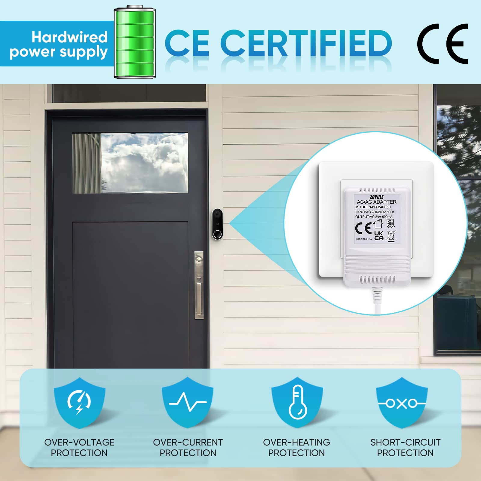 24 Volt 500mA transformador de timbre compatible con todas las versiones de timbre Ring y Nest Hello,Arlo, Eufy, Wyze timbre, adaptador de cable C para Nest,Honeywell termostato 8M cable largo.