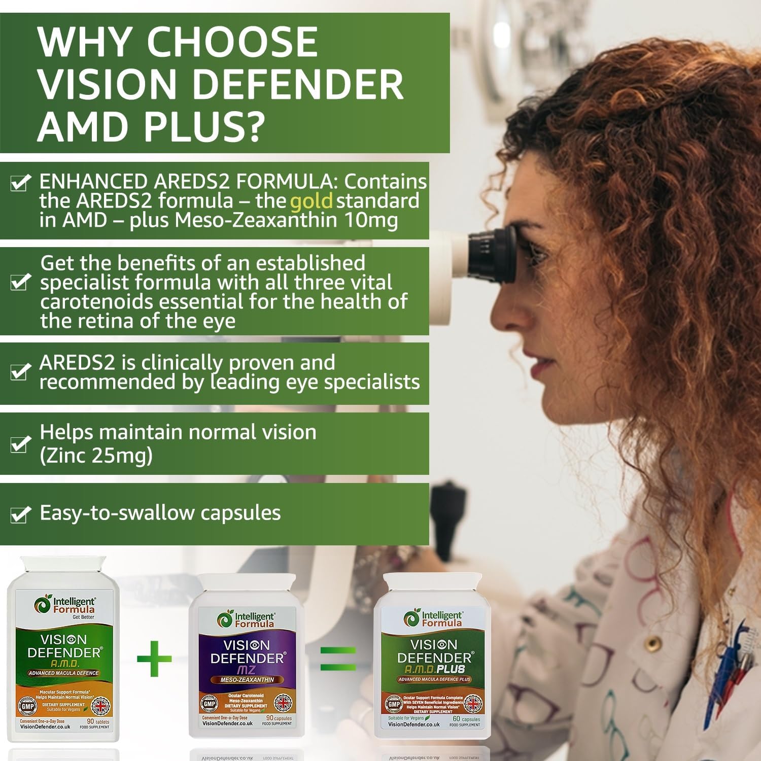 Vision Defender Plus Eye Supplement: AREDS2 Formula Vitamins, Minerals (Lutein, Zinc) Enhanced with Meso-Zeaxanthin for Complete Eyes/Eyesight Health Care & Support. 60 Easy-to-Swallow Vegan Capsules