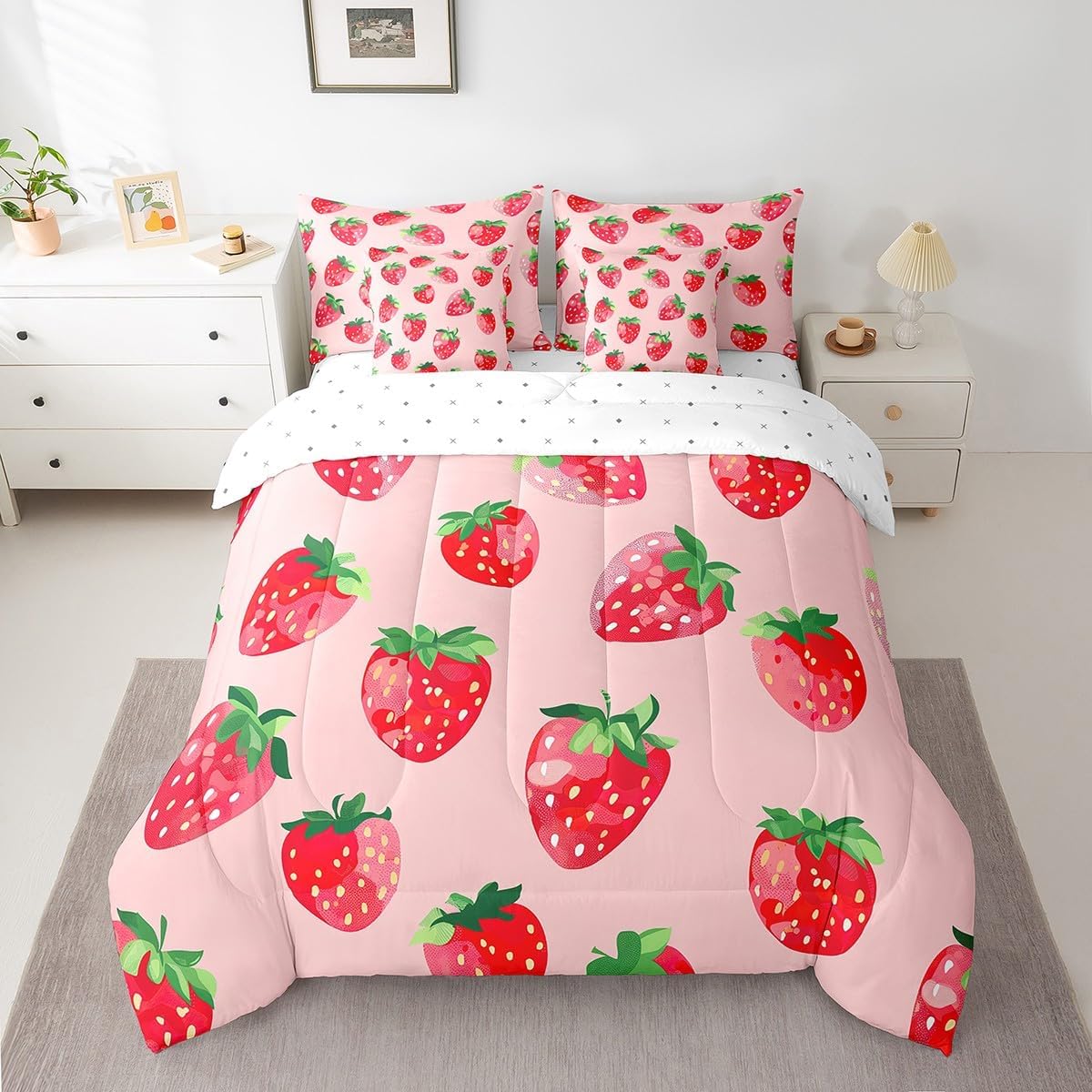 Erosebridal Strawberry 7 Piece Bedding Sets Full,Red Strawberry Bed in A Bag for Girls Women Kids,Kawaii Fruit Food Theme Sheet Set with Comforter,Pillowcases&Throw Pillow Covers,Red Pink