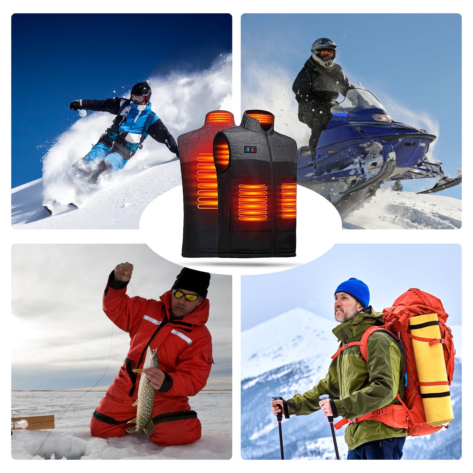 Gilet Chauffant électrique Homme Femmes 4 zones USB ultraléger Ski moto Pêche Camping