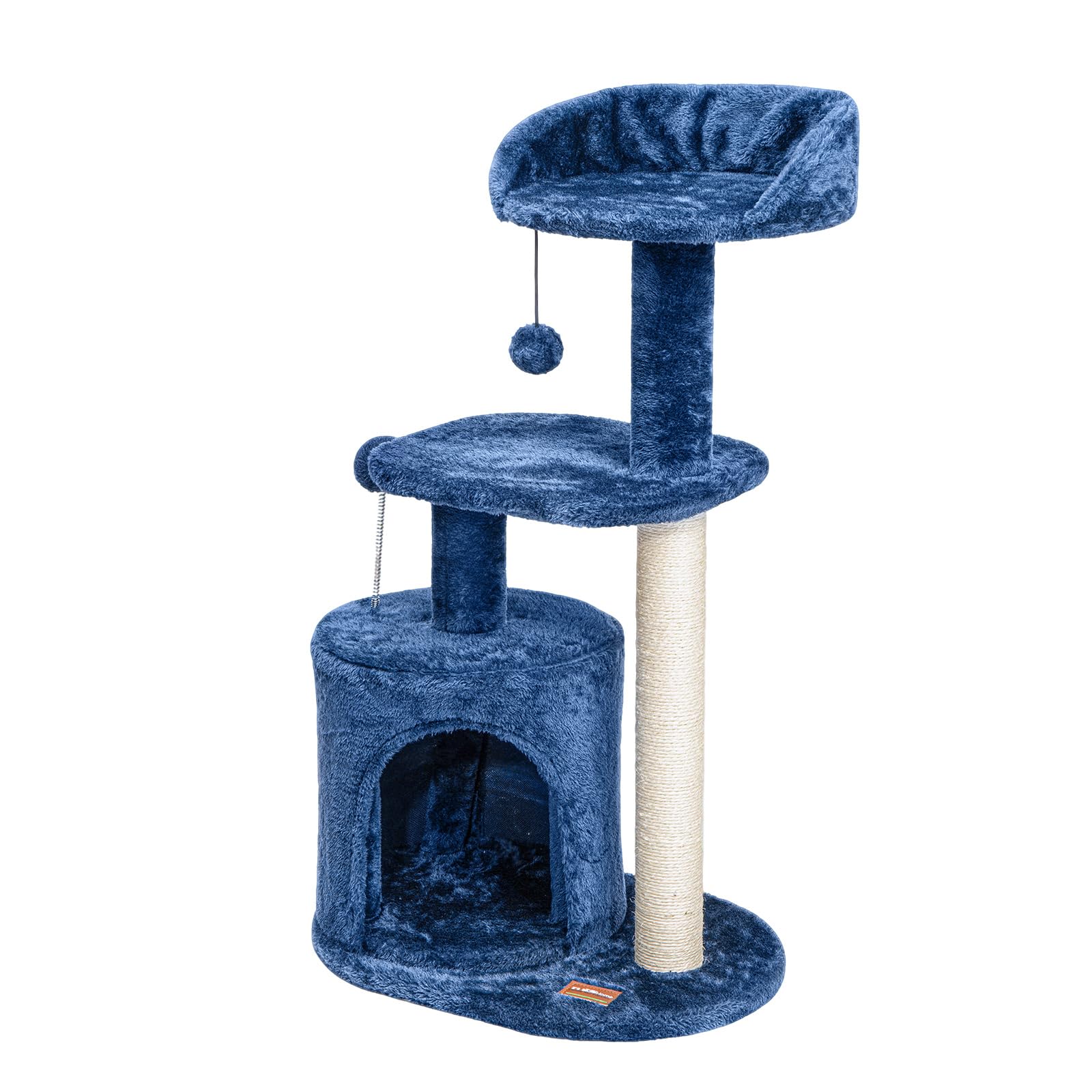 ClevaHome Arbre à Chat Bleu Denim pour Petits Chats – Arbre à Griffer Multi-Niveaux 85 cm avec Perchoirs Douillets, Jouet Pompon et Poteaux Sisal pour Chatons d’Intérieur