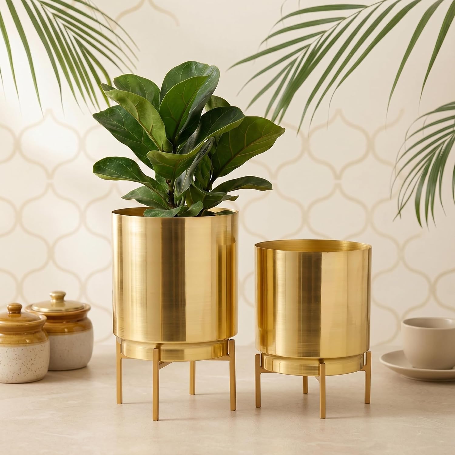 AHD Gold Metal Planter Set with Stand | 10 Inch (Height) x 7 Inch (Diameter) & 8 Inch (Height) x 6 Inch (Diameter) | (Golden Metal Large (7" Dia × 10" H) + Small (6" Dia × 8" H))-image-41