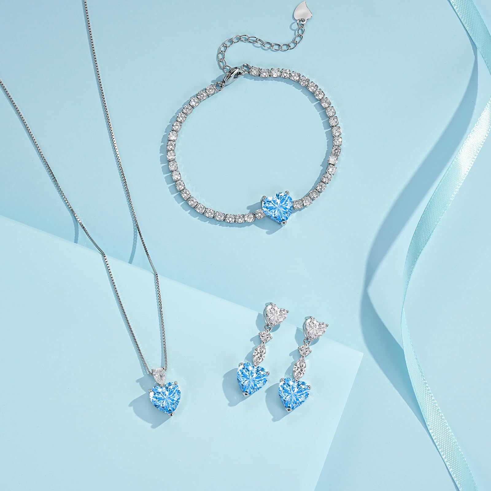 Silber Schmucksets für Damen, 925 Sterling Silber Herz Halskette Ohrringe Armband Set, 3PCS Anhänger mit 45cm Kette & Hängeohrringe & Armkette, Herz Schmuck Set mit Zirkonia mit Geschenkbox