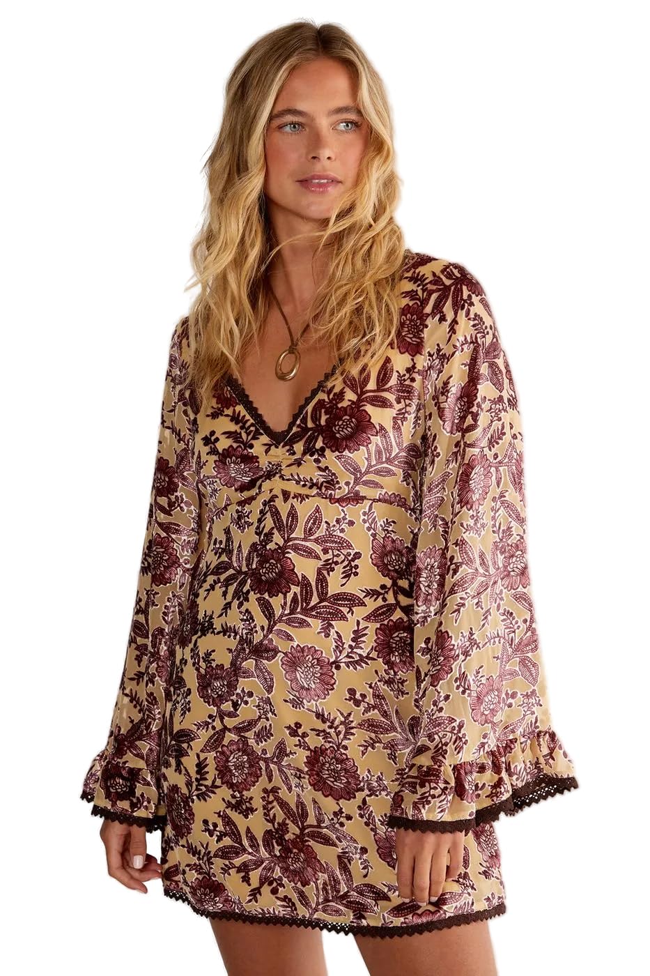 Nasty Gal Womens Vintage Floral Devore Lace Trim Ruffle Sleeve Mini Dress