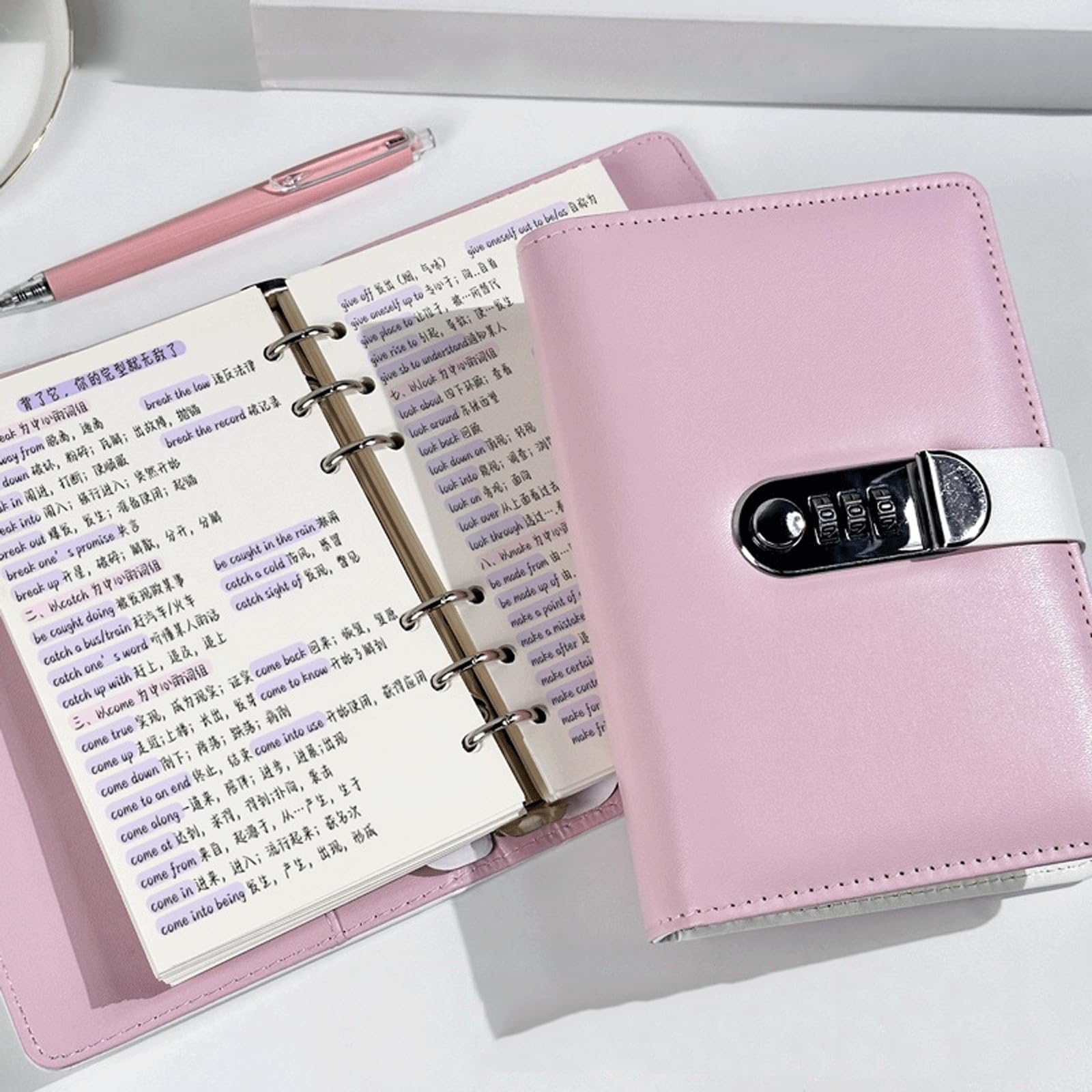 Carnet de notes créatif A6 avec mot de passe et cadenas, journal intime en cuir, carnet à feuilles mobiles, carnet de voyage, collection de timbres, journal intime(White1+Pink1)