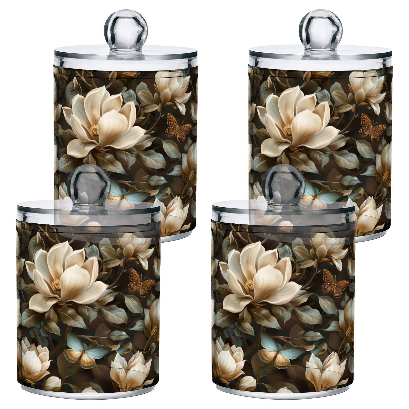 Msyxl 4 Pack Magnolia Flowers Apothecary Jars with Lid, Qtip Holder Storage Containers for Cotton Ball, Swabs, Pads, Clear Plastic Canisters for Bathroom Vanity Organization (10 Oz)