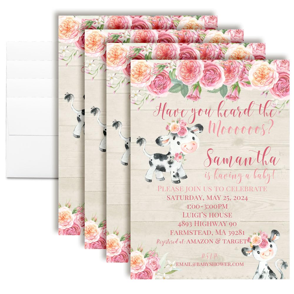 Custom Baby Shower Invites Pink Cow Baby Shower Invitation 30 Pack 5x7 Custom Personalized Watercolor Baby Shower Invites With Thirty White Envelopes - Unique Pink Watercolor Cow Baby Shower Cards
