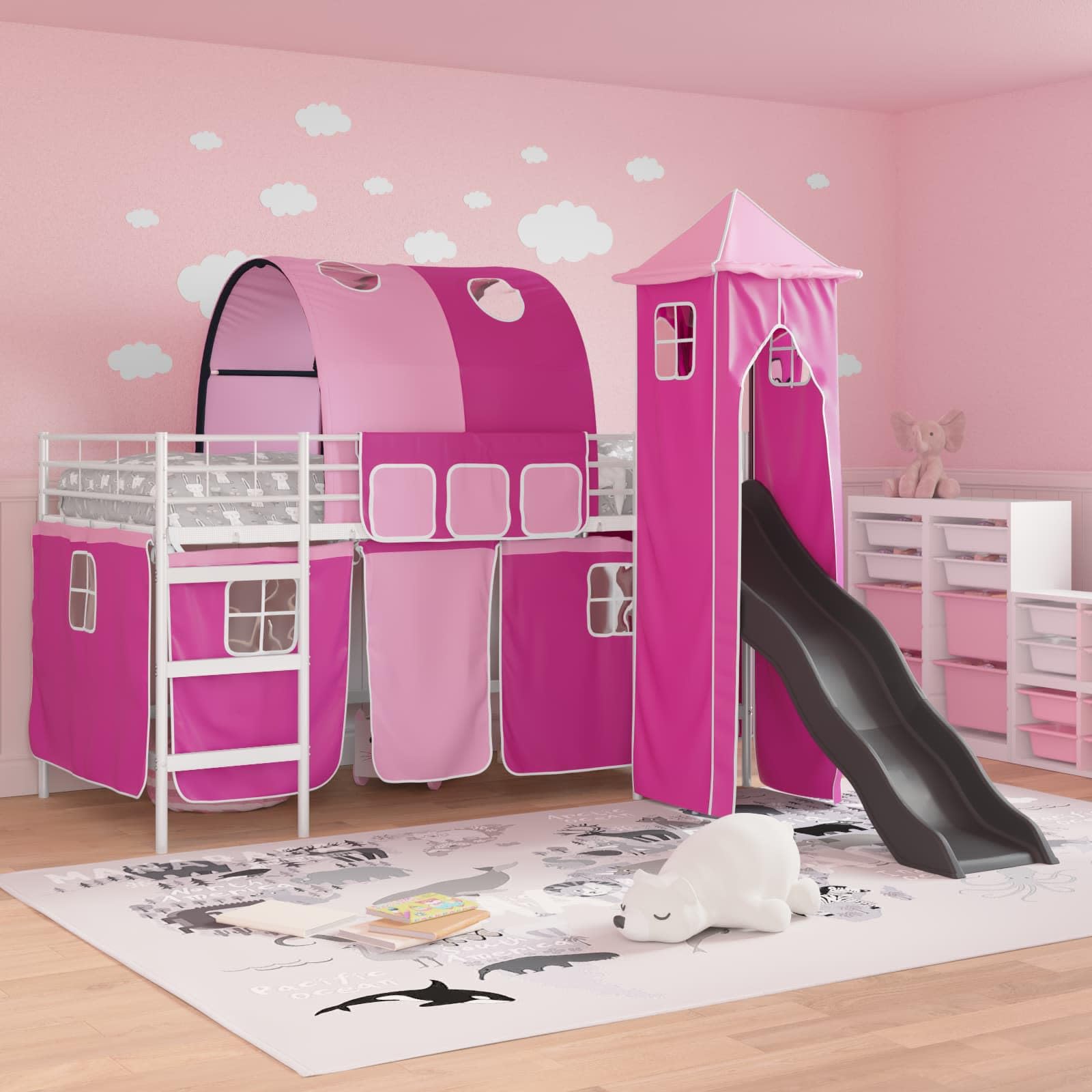 Kinderloftbett Weiß Rosa 90 x 200 cm Metall Hochbett mit Rutsche Vorhängen und Turm für Kinderzimmer Spielbereich Lattenrost und mittelfeste Matratze platzsparend robust