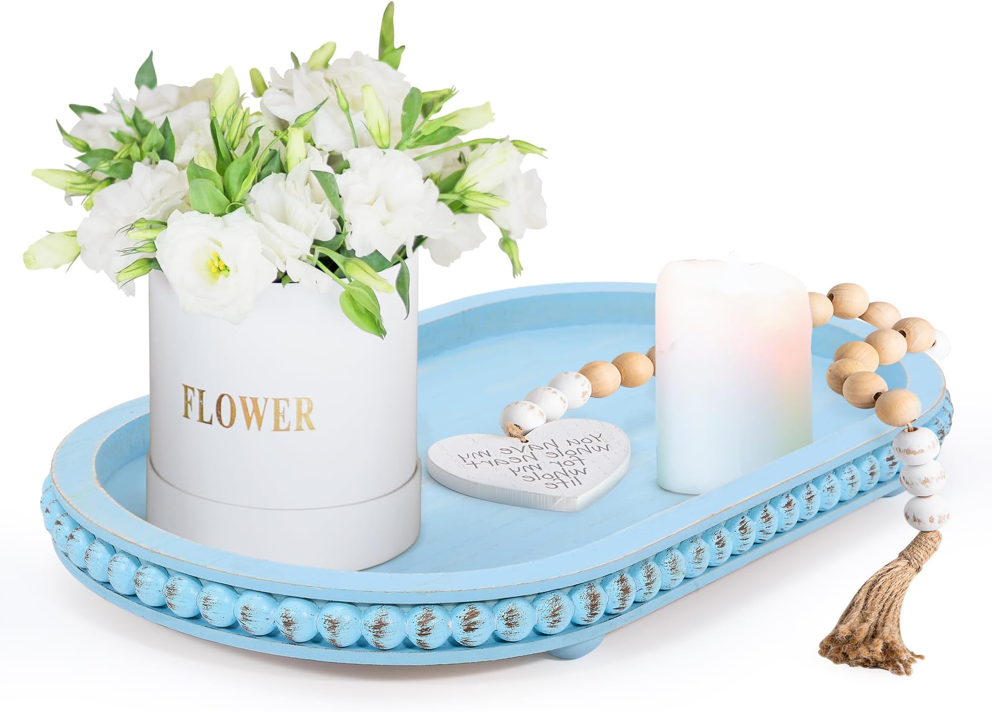 HPC Decor 15in Oval Light Blue Wood Beaded Tray for Home, Decorative Serving Tray, Rustic Farmhouse Wooden Trays for Vintage Centerpiece, Kitchen Counter, Living Room, Coffee Table