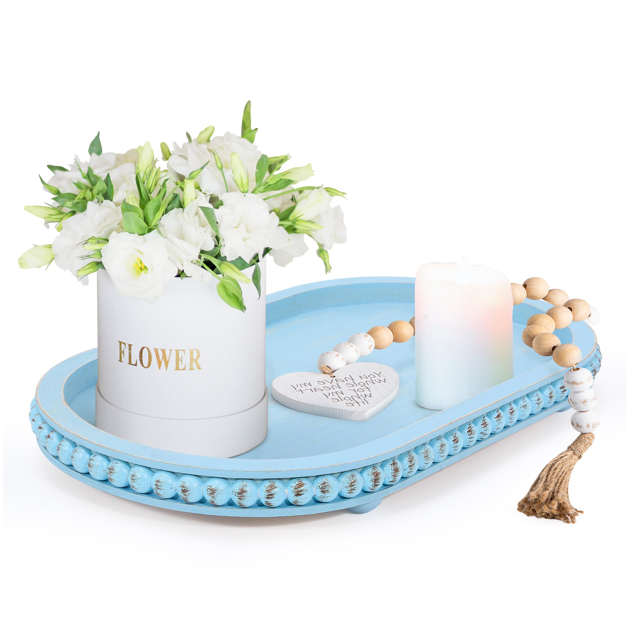 HPC Decor 15in Oval Light Blue Wood Beaded Tray for Home, Decorative Serving Tray, Rustic Farmhouse Wooden Trays for Vintage Centerpiece, Kitchen Counter, Living Room, Coffee Table