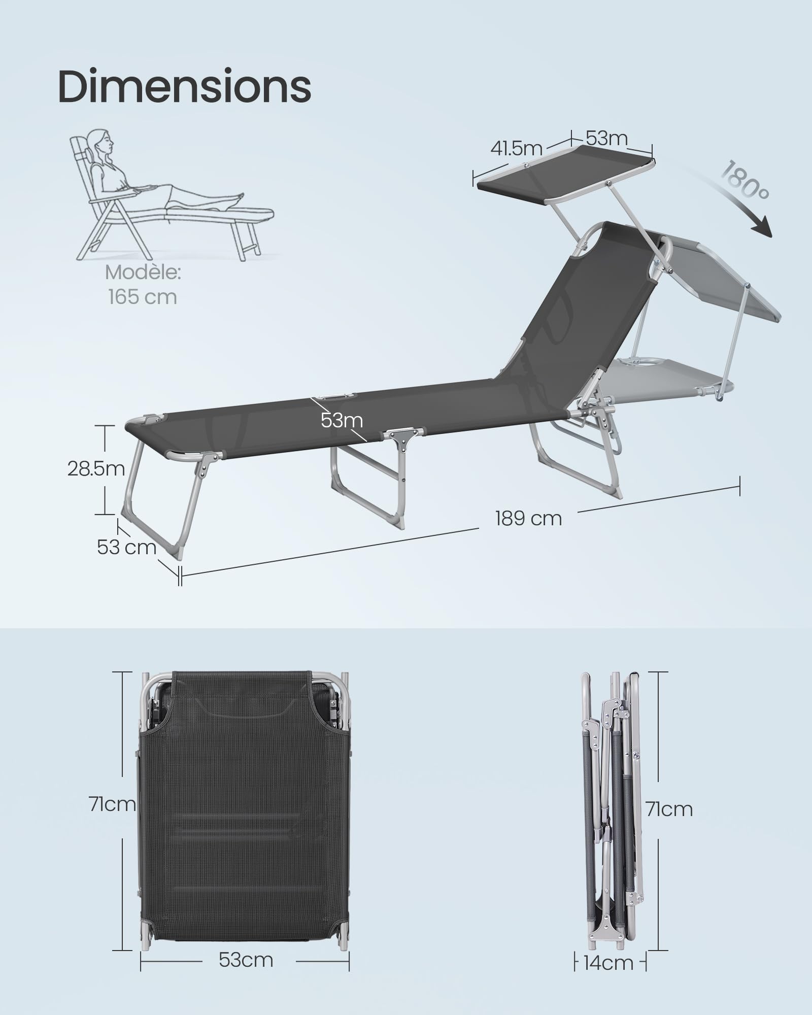 SONGMICS Chaise Longue Pliante, 189 x 53 x 28,5 cm, Transat Jardin Extérieur, Supporte 110 kg, Pare-Soleil et Dossier Réglables, pour Terrasse, Balcon, Noir GCB194BZ02