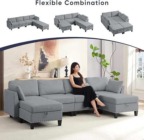 Miniatura 7 de ijuicy Sofá modular convertible de 110 pulgadas con asientos de almacenamiento y 2 otomanas móviles, sofá modular en forma de U de 6 asientos con