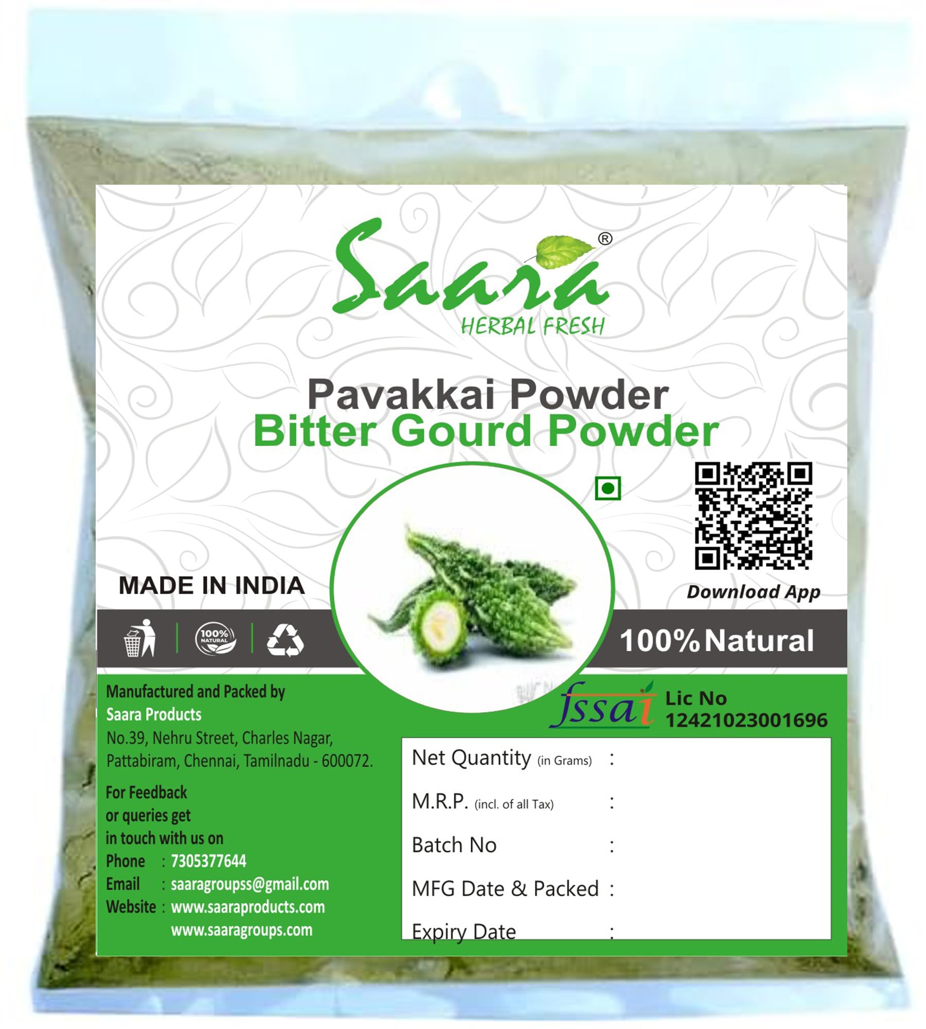 Saara HERBAL FRESH Pavakkai Powder,101g, Bitter Gourd Powder,Bitter Melon Powder,Momordica Charantia For Diabetes Control,(pack of 1 x 101g)