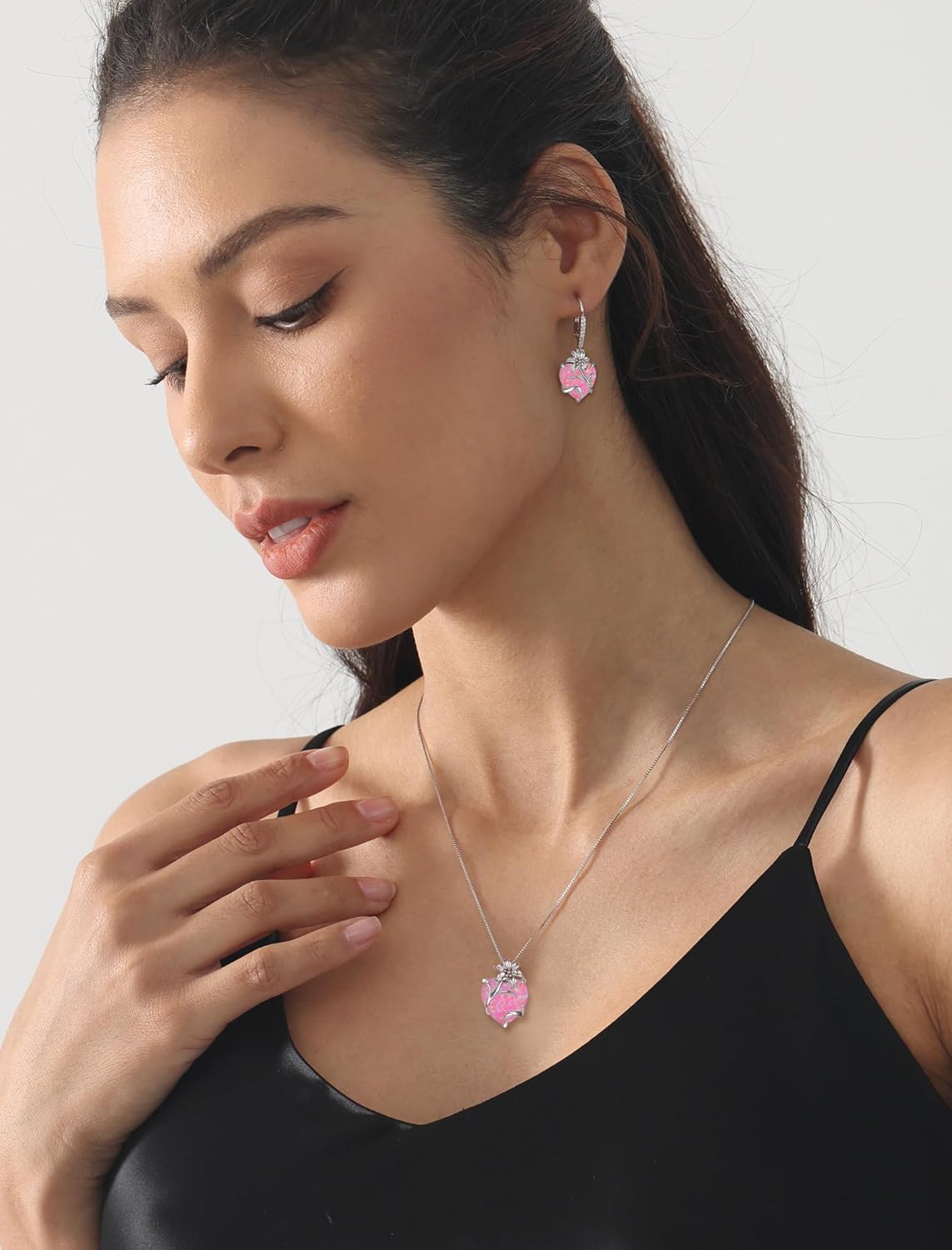 YL Heart Necklace for Women 925 Sterling Silver Lily Pendant Created Opal Flower Jewelry