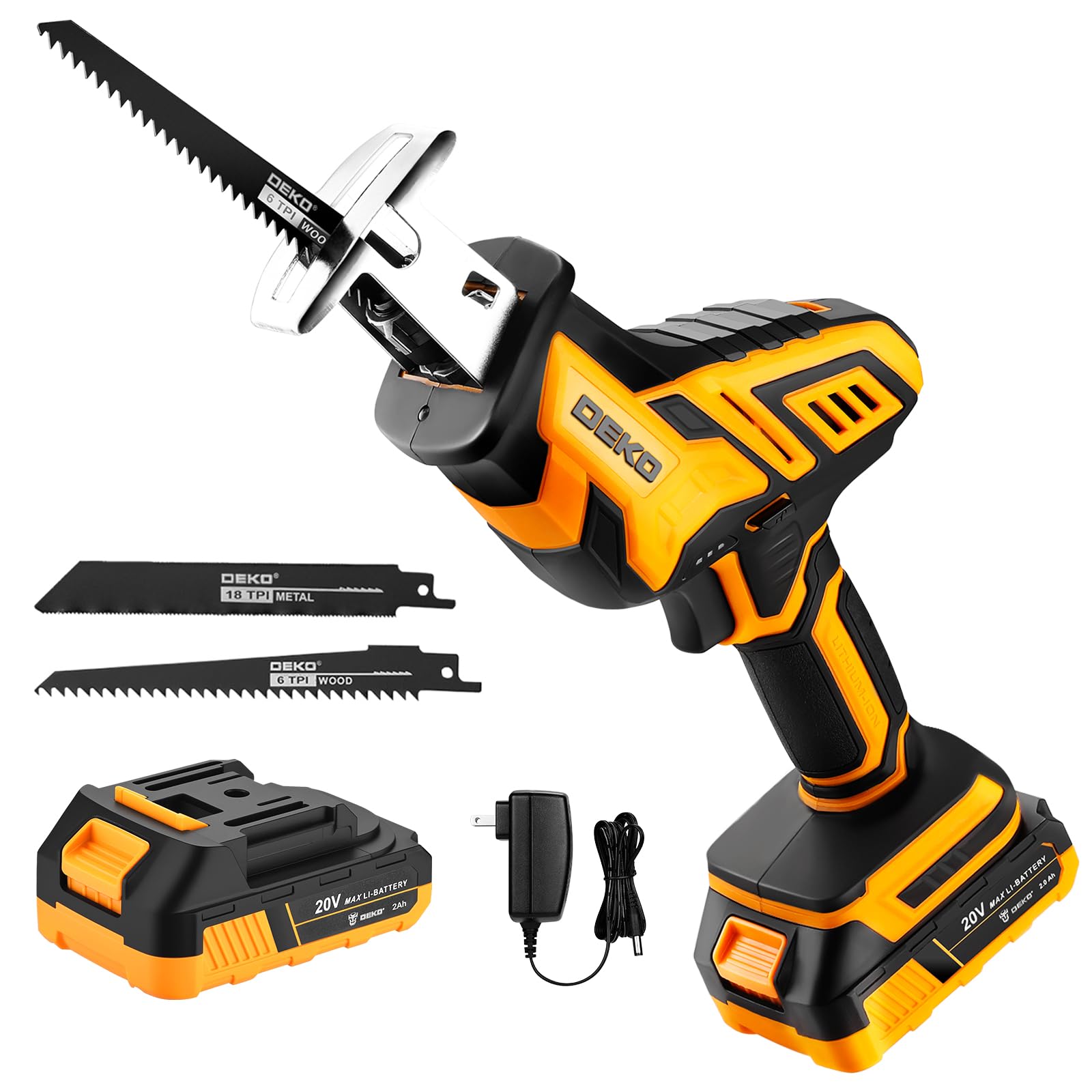 Cordless Reciprocating Saw: DEKOPRO 20Volt with 2 Batteries Powered Mini Reciprocating Saw, Compact Electric Metal Blades Tool, Power Hand Saws for Wood Work, Cut