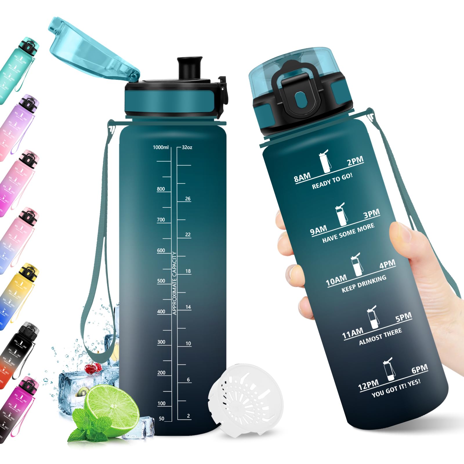 KollyKolla Borraccia 1L, Riutilizzabile, Bottiglia con Filtro, Borraccia con Indicatore del Tempo Motivazionale senza BPA, A Prova di Perdite, ideale per Adulti, Bambini, Scuola, Ufficio