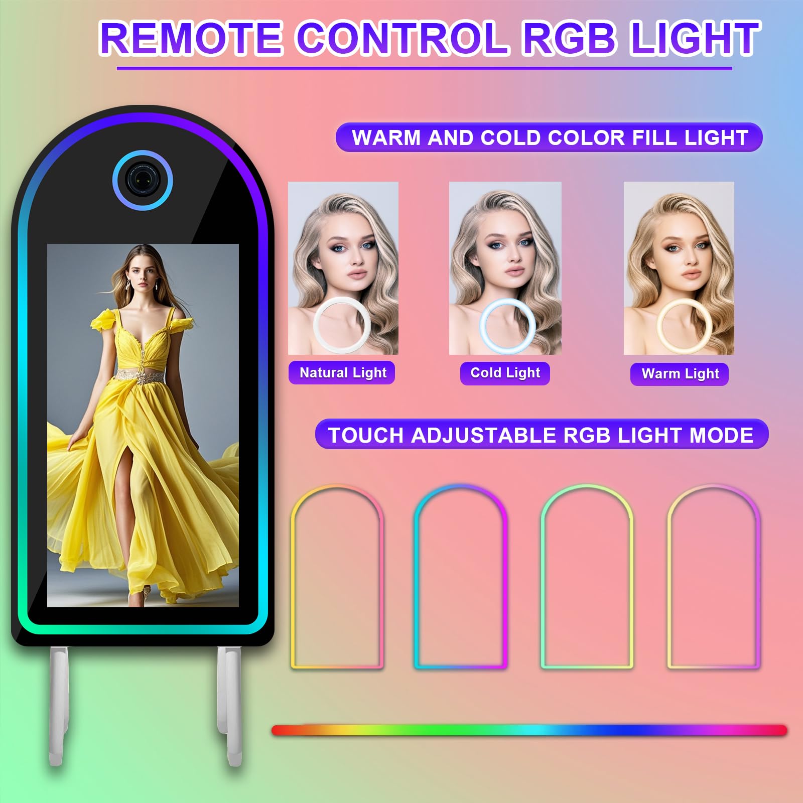 Magic Mirror Fotobudka ze światłem RGB (łukowy ekran dotykowy 32 cale, urządzenie do fotobudki)