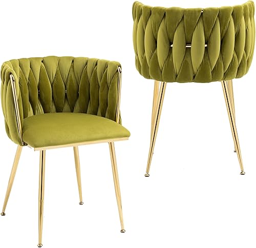 NIOIIKIT Sillas de comedor modernas de terciopelo que tejen a mano, sillas de sala de estar, sillas laterales tapizadas con patas de metal dorado