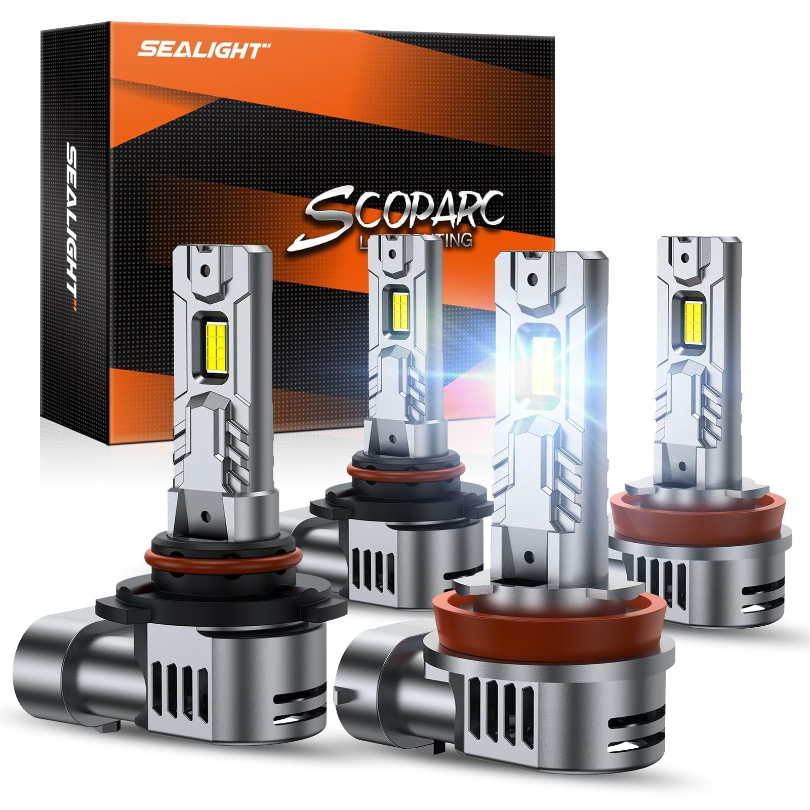 SEALIGHT S2S 9005/HB3 H11/H8/H9/H16 Light Bulbs Combo, 100,000LM Super Brighter, 6500K Pure White 9005 H11 Fog Bulbs with 25000RPM Cooling Fan, 70K+ Hours Lifespan, 4-Pack for Cars/Trucks/SUVs