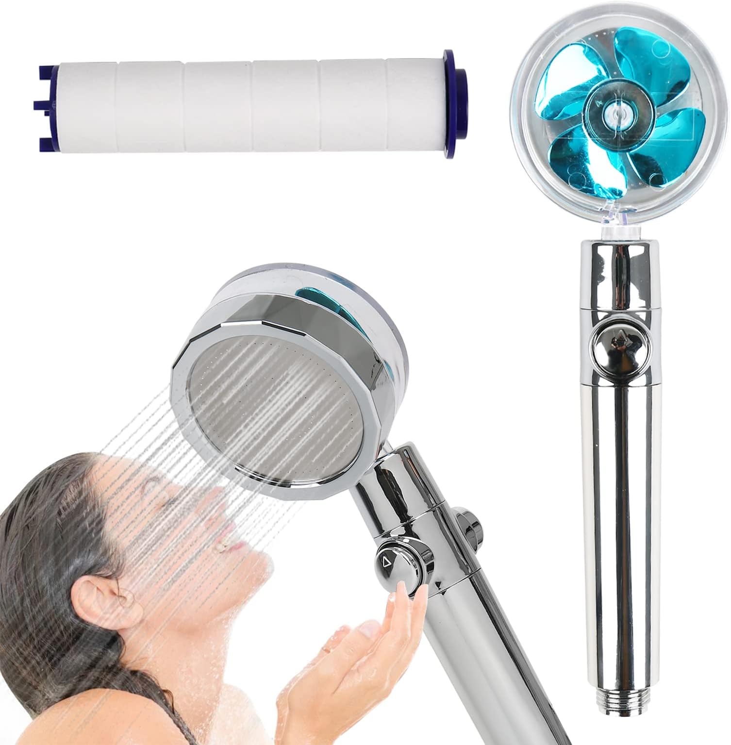 High Pressure Water Saving Shower Head, Propeller Handheld Shower 360 °Rotating Turbine Shower, Jet Bath Spray Spa Shower, Shower Head with Turbo Propeller PP Filter (Blue)
