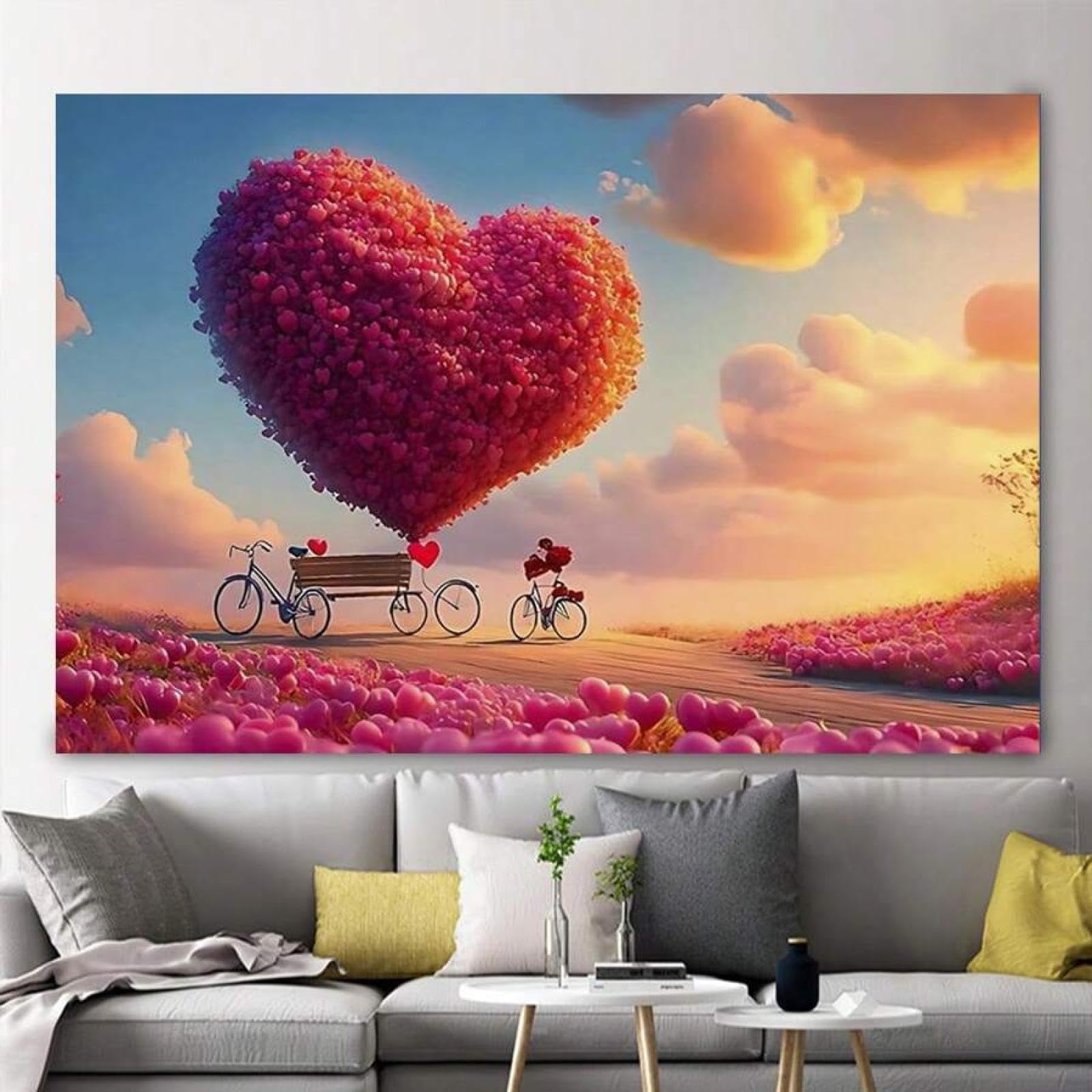 TONGYINLI Plakat na płótnie serce balon i kwiaty czerwone róże rower walentynki druki ścienne do sypialni 60 x 90 cm bez ramki