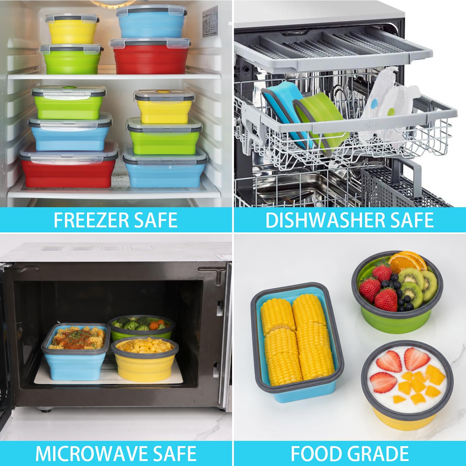Contenedores plegables de almacenamiento de alimentos con tapa y ventilación de aire, paquete de 16, 8 rectangulares + 8 redondos, Annaklin plegables de silicona, juego de cuencos plegables, aptos
