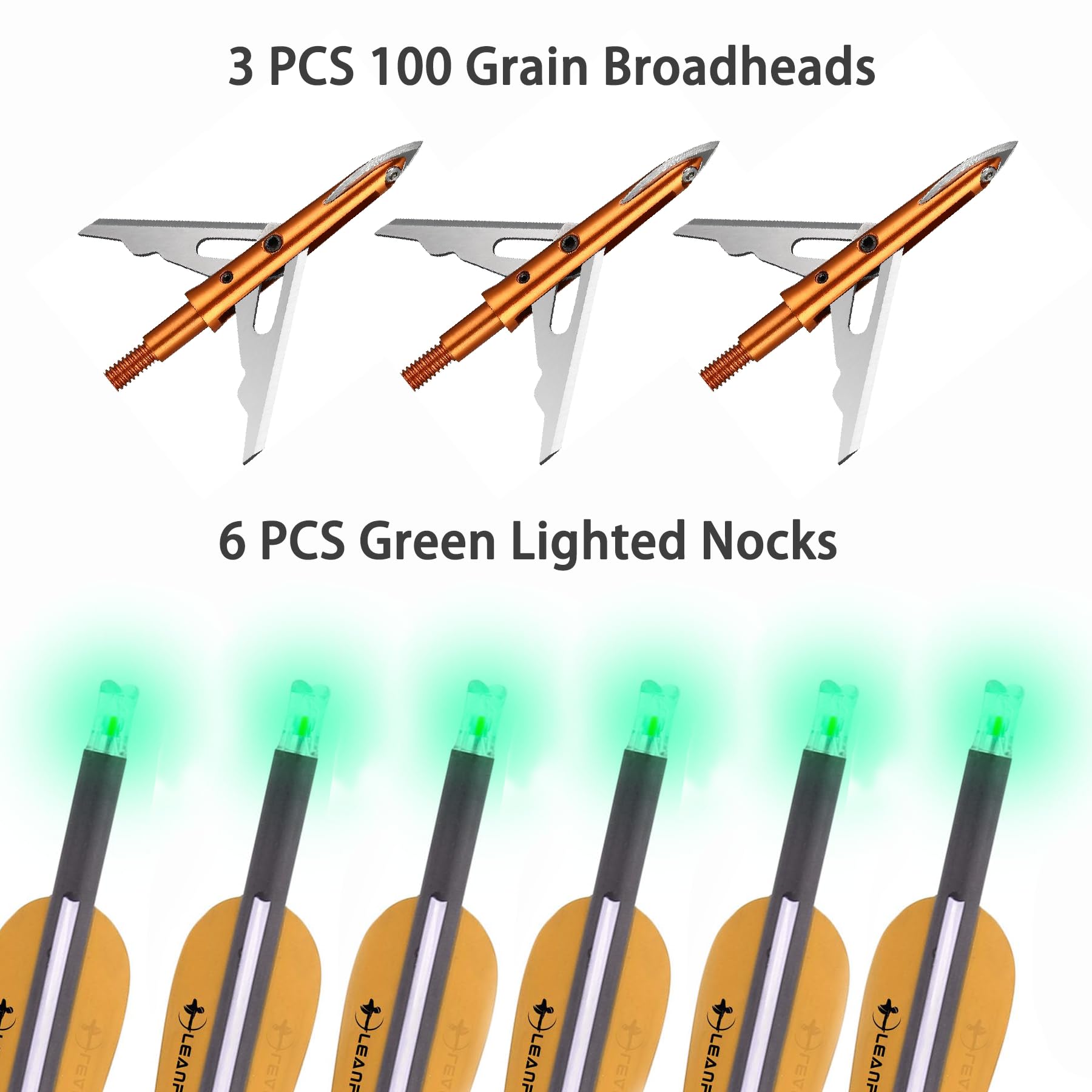 LEANPRO Carbon Crossbow Bolts 20 inch Hunting Arrows with 3 Blade Broadhead and Outdoor Practice with Lighted Nocks and 100Grain Mechanical Broadheads (3 Blade)