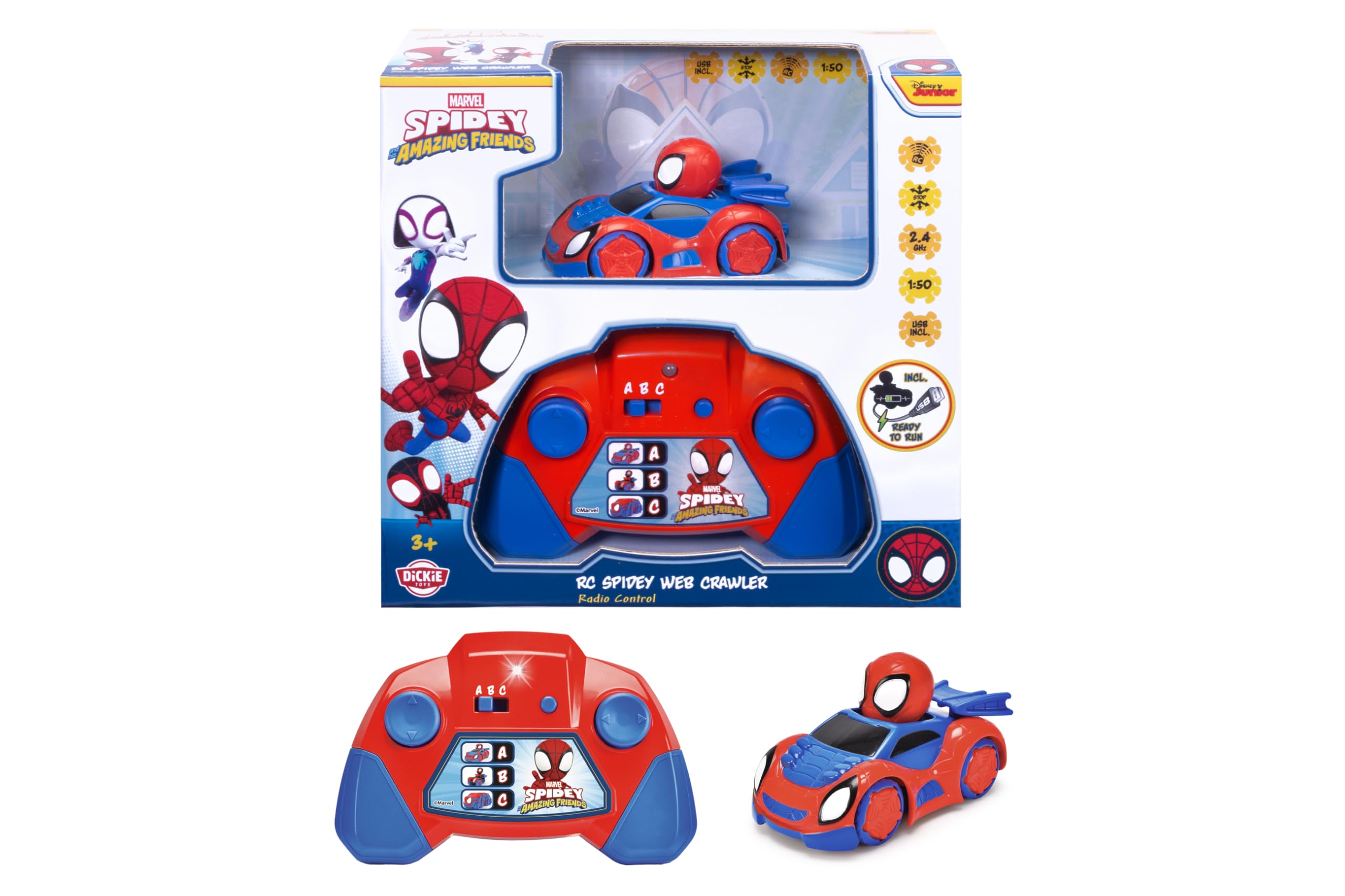 Dickie Toys RC Auto Spidey Web-Crawler (8 cm) - zdalnie sterowany samochód zabawkowy dla dzieci od 3 lat do Marvels Spidey i Jego Super Friends, 6 km/h, w zestawie pilot zdalnego sterowania i baterie