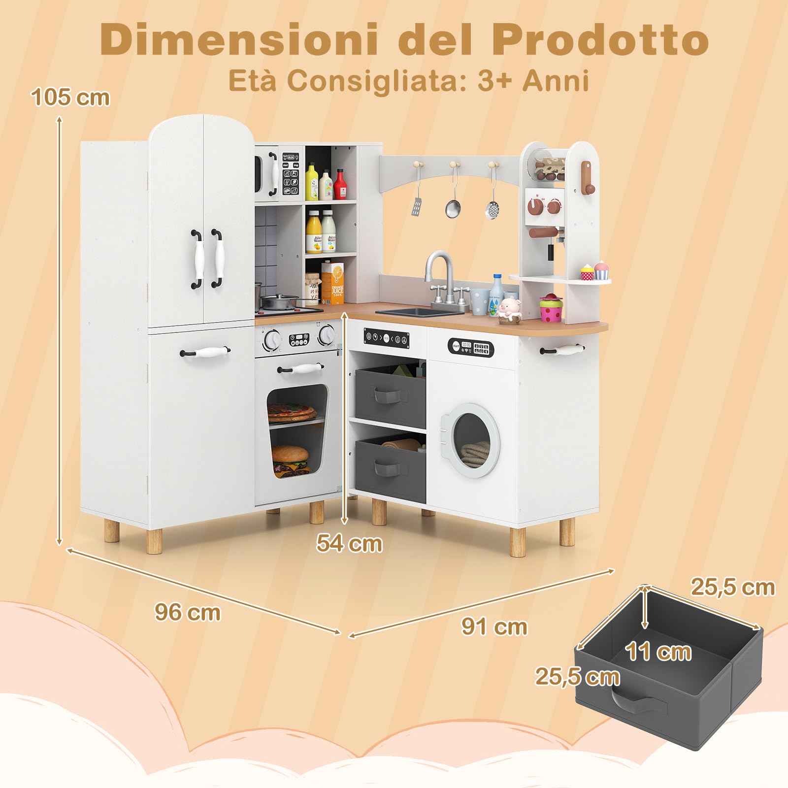 COSTWAY Cucina Giocattolo per Bambini, Cucina da Gioco ad Angolo con Fornelli, Frigorifero, Macchina da Caffè, Microonde, Lavatrice e Accessori, con Suoni e Luci per Bambini 3+ Anni (Bianco)