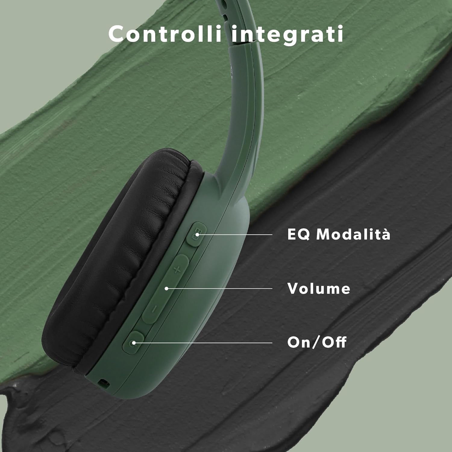 Close-up of headphone controls showing EQ Mode, Volume, and On/Off buttons
