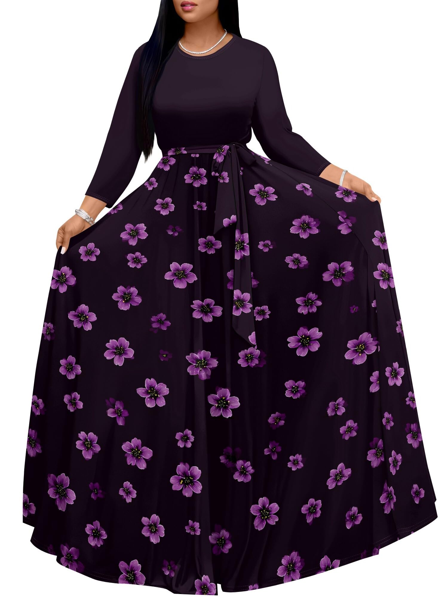 PinkPatty Women's Long Sleeve Maxi Dress Plus Size Casual V Neck Wrap Dress with Pockets&amp;Belt