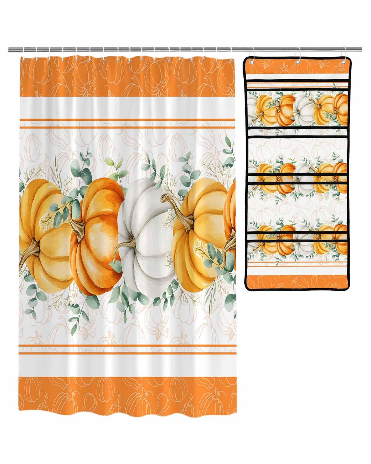 Decorative Shower Curtain Sets White Orange Pumpkin Fabric Shower Curtains Fall Thanksgiving Eucalyptus Leaves Texture Orange Stripe Mesh