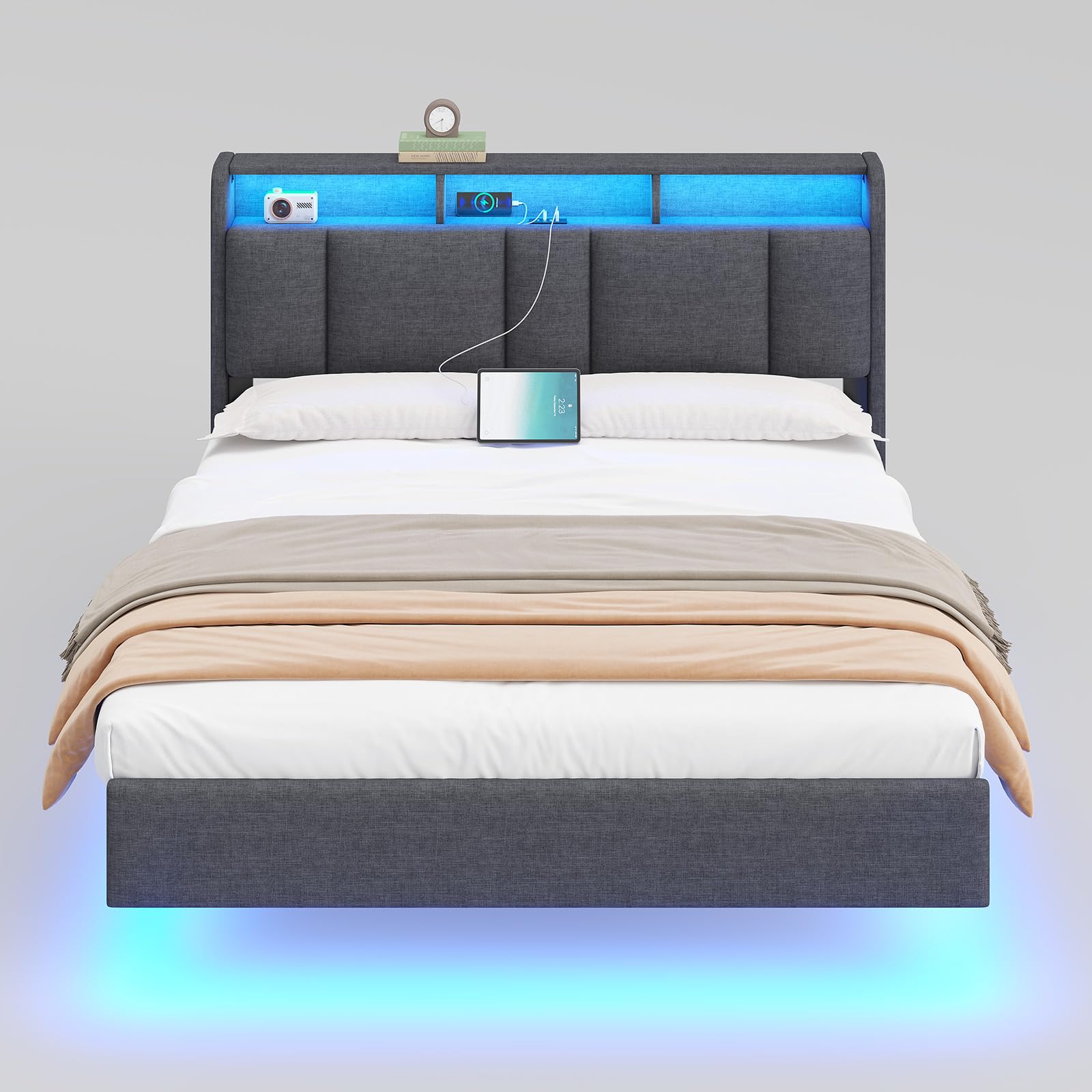 AOGLLATI Double Bed Frame 135x190 cm, 4ft6 Floating Bed, Dark Grey