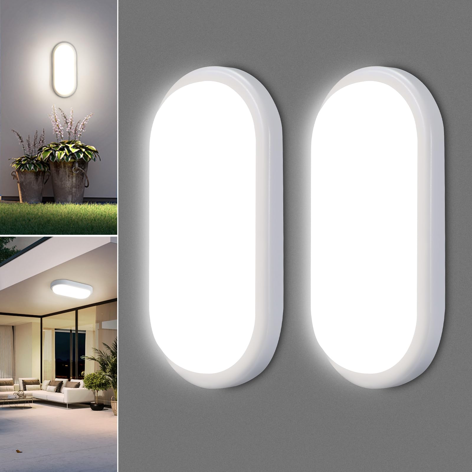 Lampada con Sensore di Movimento, 18W 1800LM Plafoniera Led Soffitto Ovale Esterno, IP54 Applique da Parete Interno Luci, 4000K Applique Luce Bagno per Balcone Scale Corridoio Garage, 2 Pezzo